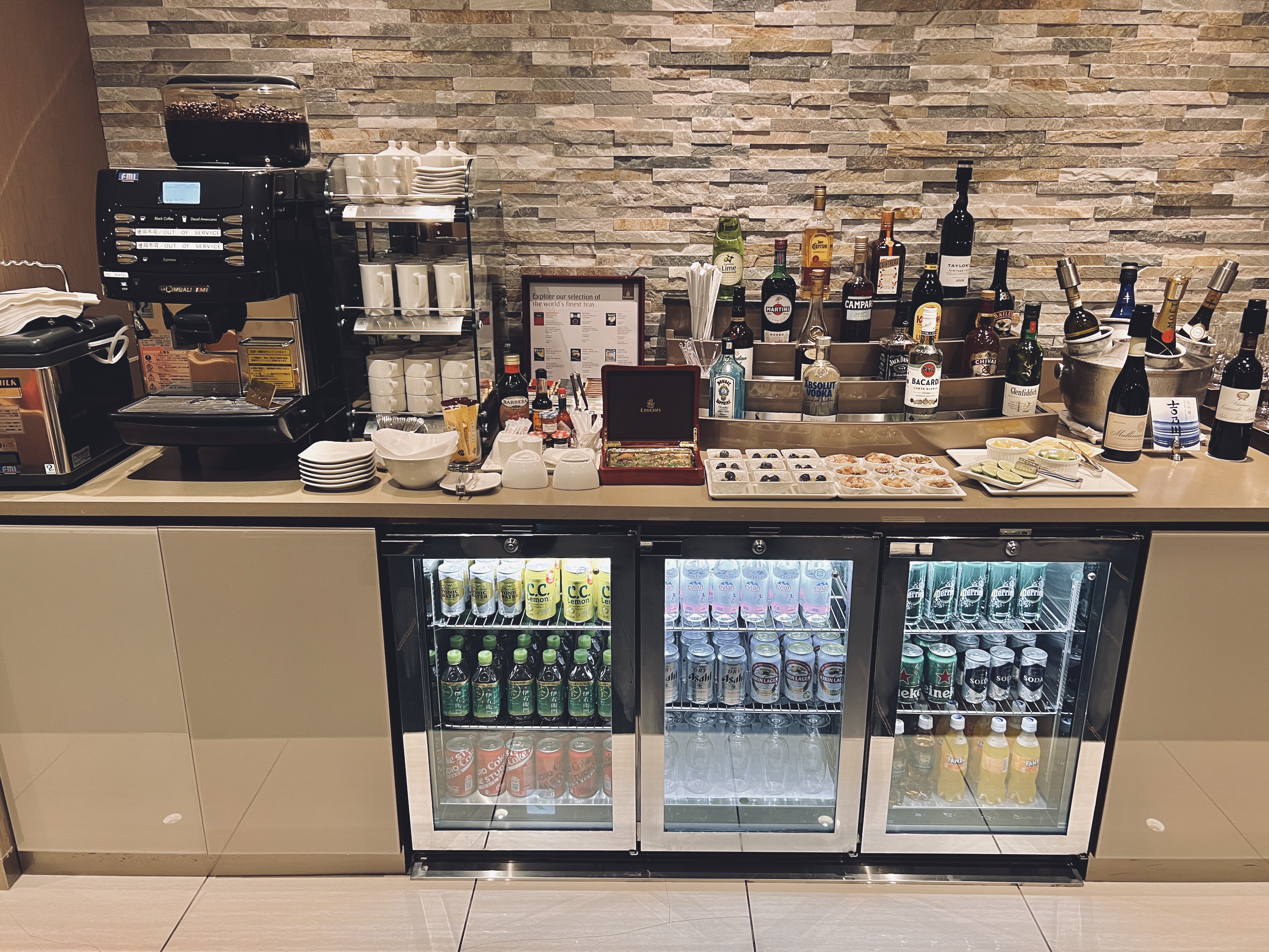 The Emirates Lounge Narita NRT drink and snack section The Emirates Lounge Narita NRT drink and snack section