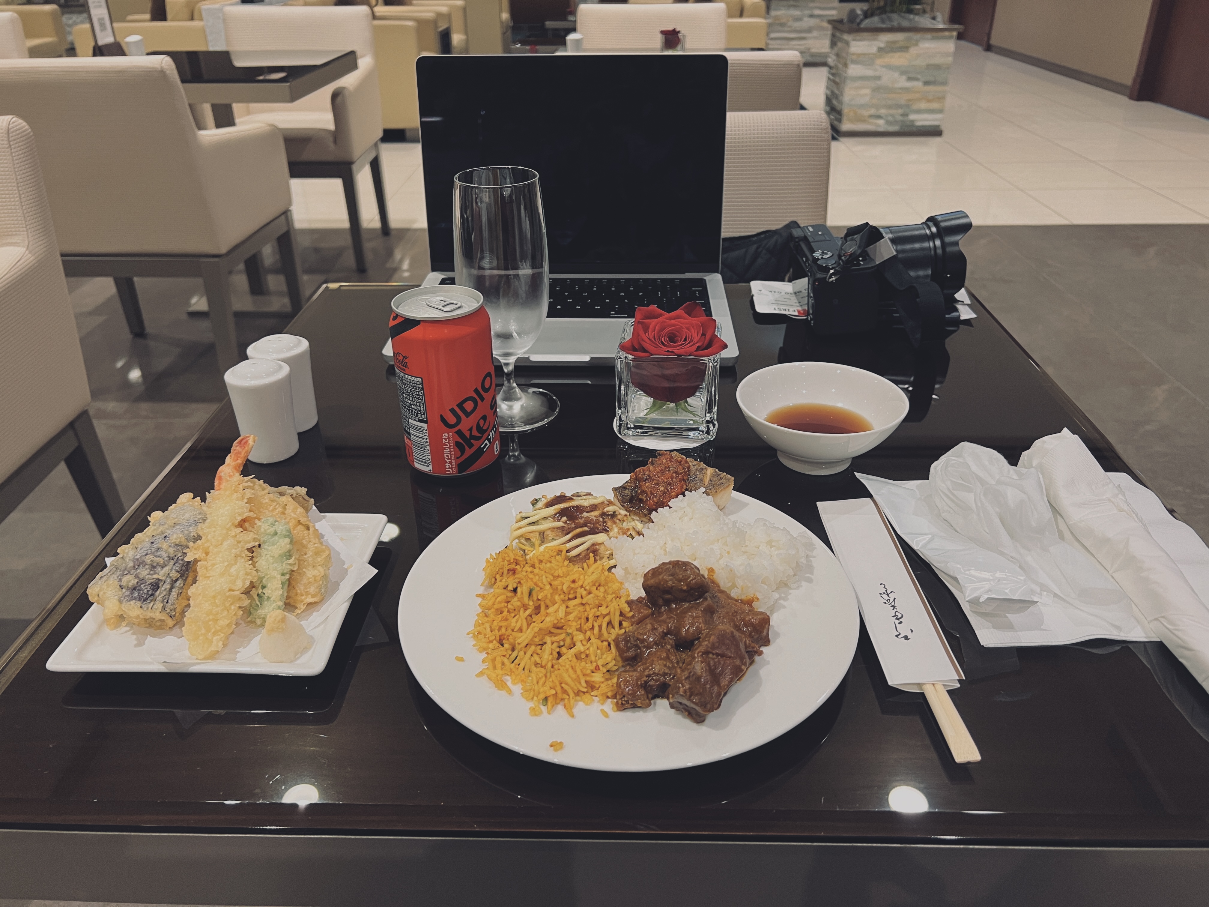 The Emirates Lounge Narita NRT food plate and tempura The Emirates Lounge Narita NRT food plate and tempura