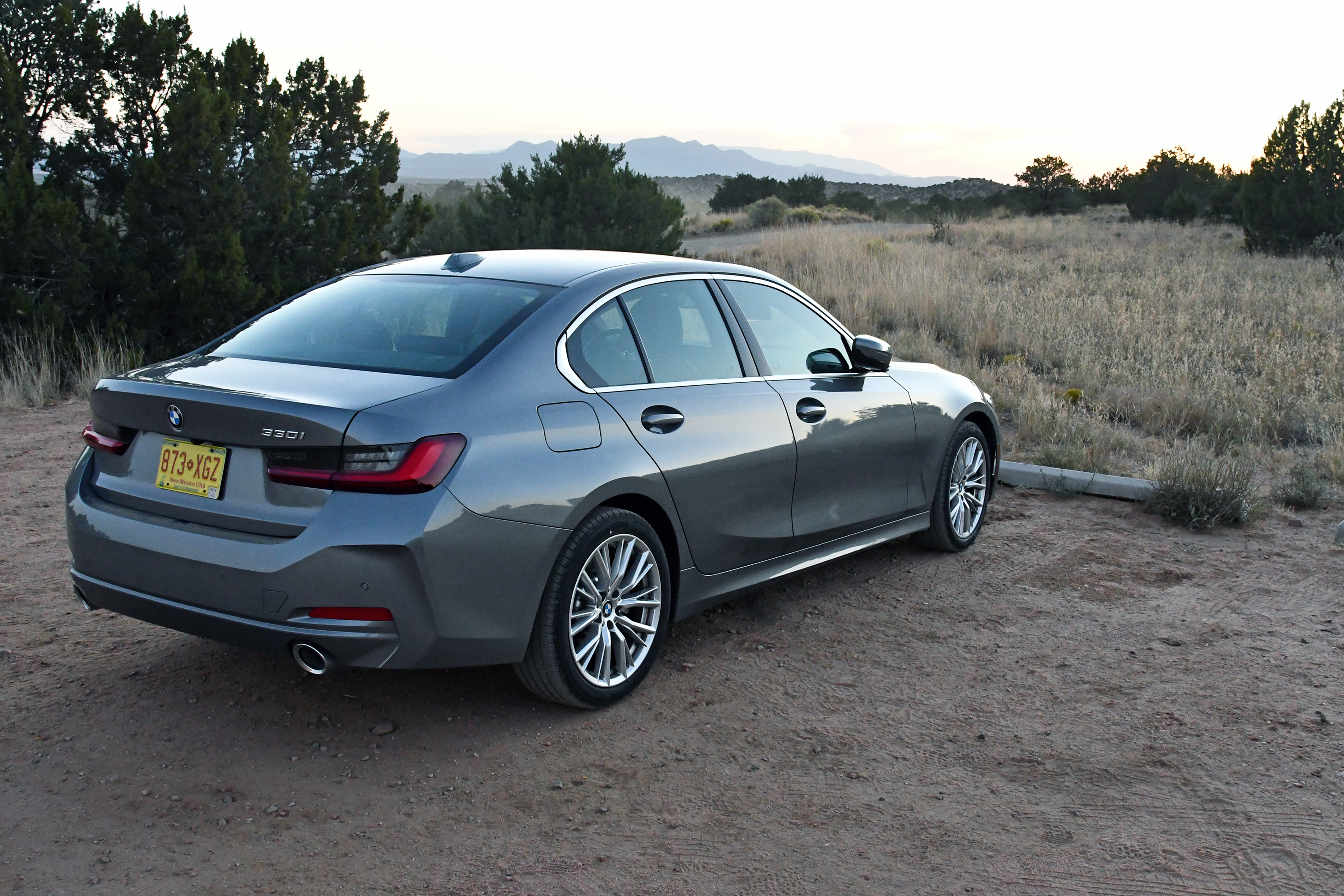 A 2024 BMW 330i rental car from Sixt parked in the high desert outside Santa Fe, New Mexico A 2024 BMW 330i rental car from Sixt parked in the high desert outside Santa Fe, New Mexico