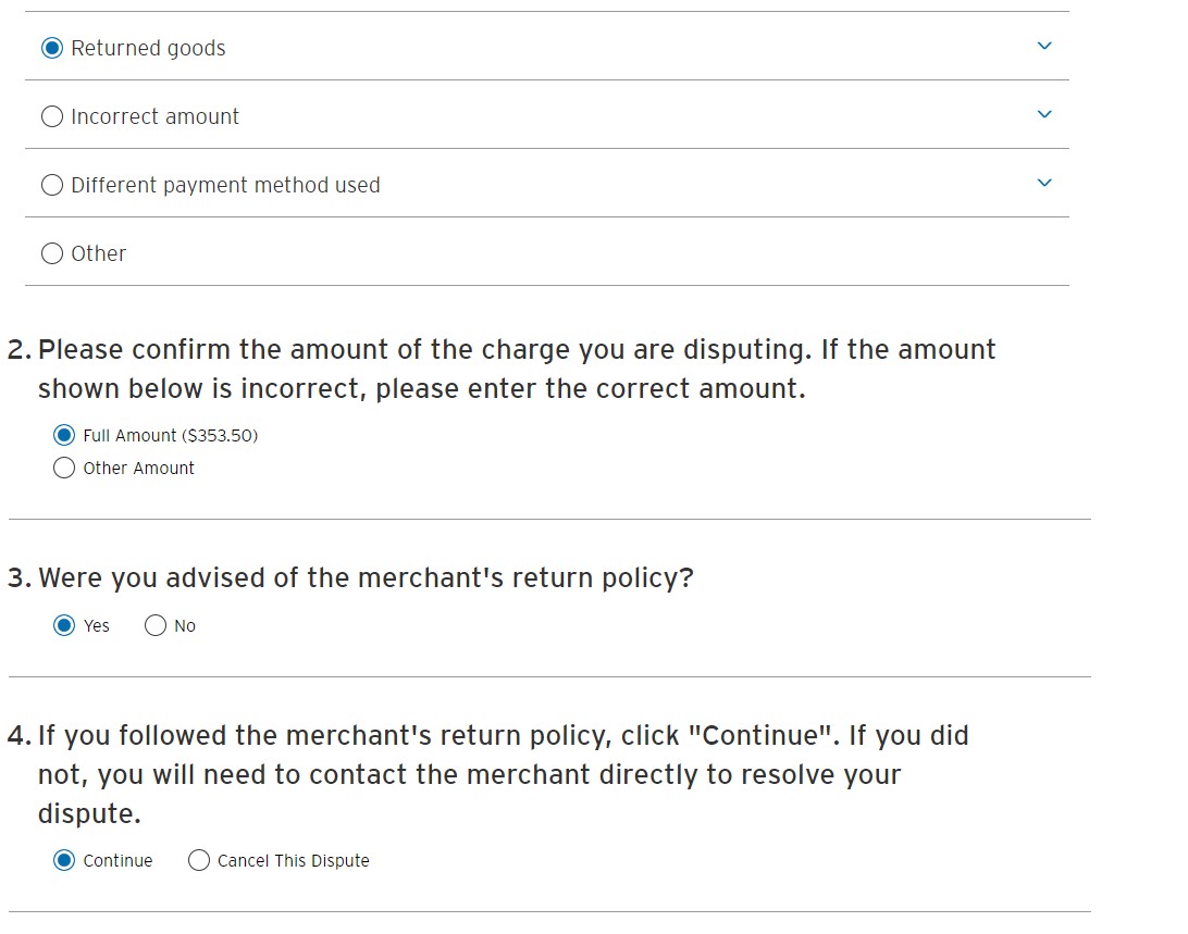 Citi returned goods dispute questions