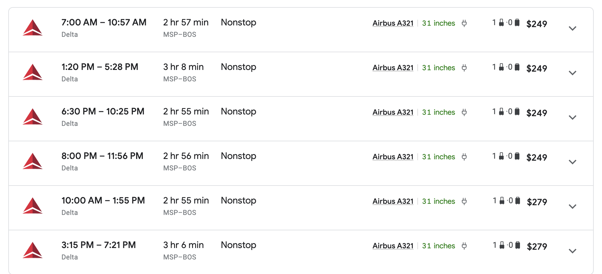 DL MS BOS Delta flights MSP-BOS prices