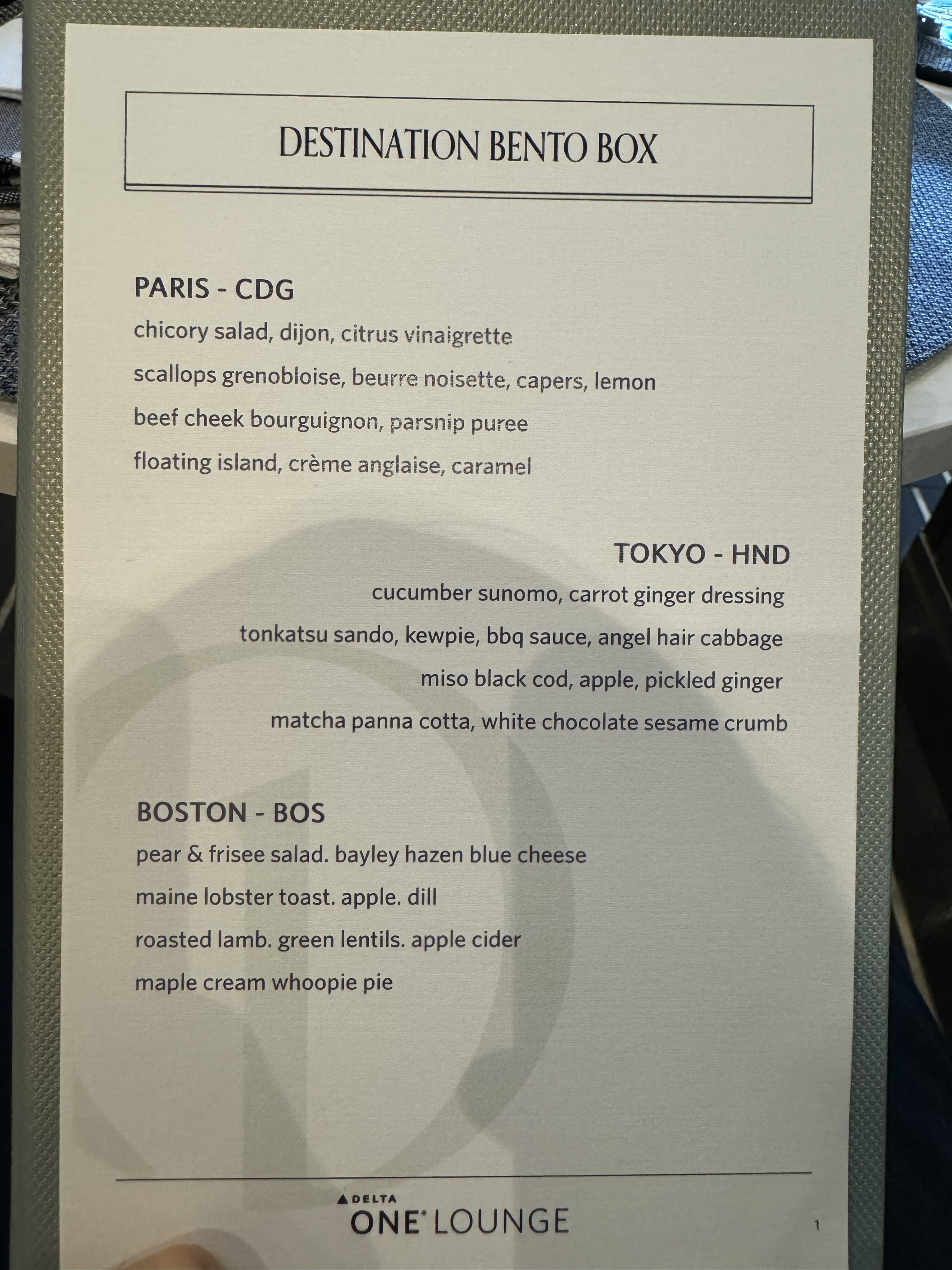Delta One Lounge LAX Dining Room bento box menu Delta One Lounge LAX Dining Room bento box menu