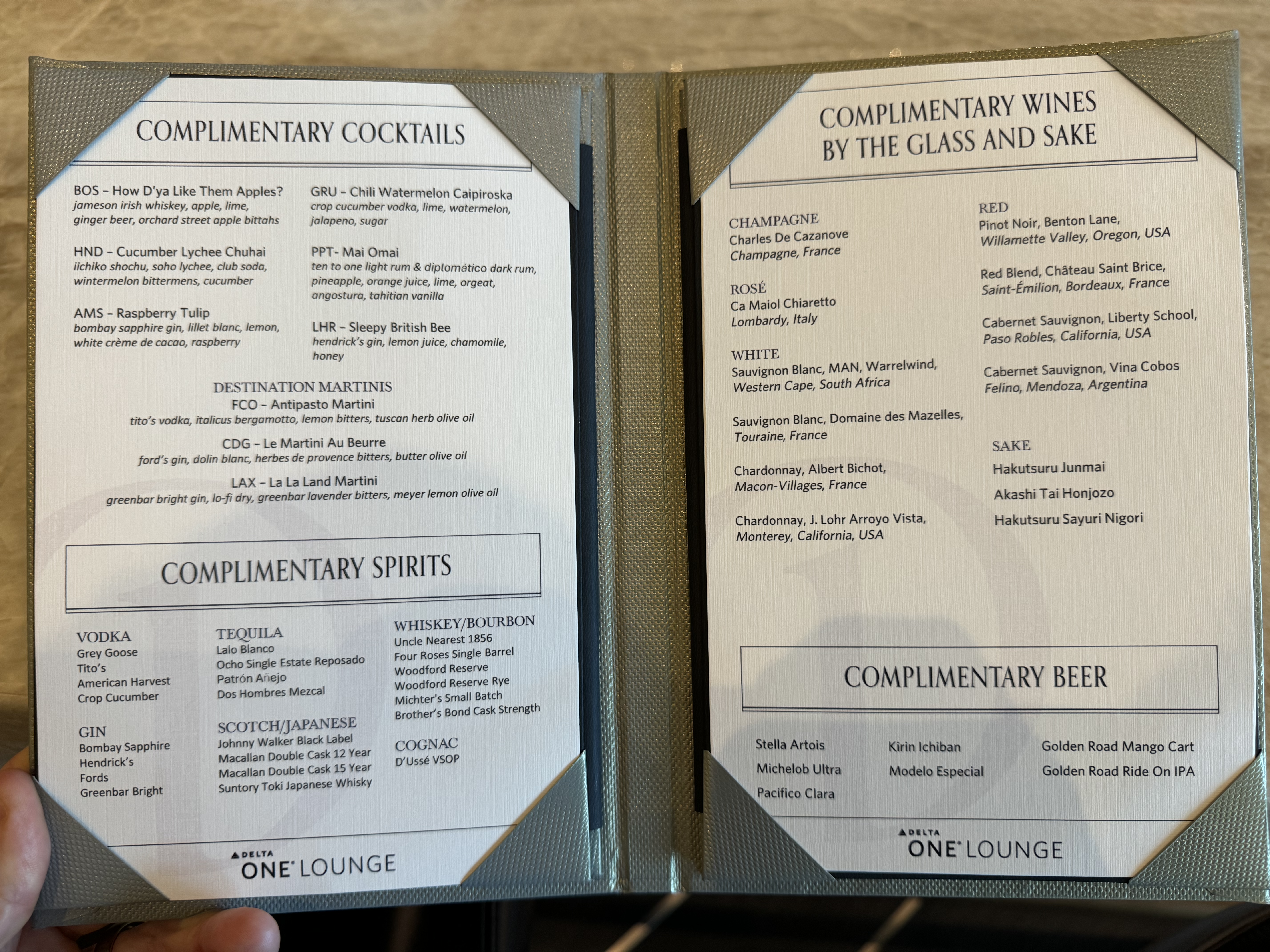Delta One Lounge LAX Icon Bar drink menu Delta One Lounge LAX Icon Bar drink menu