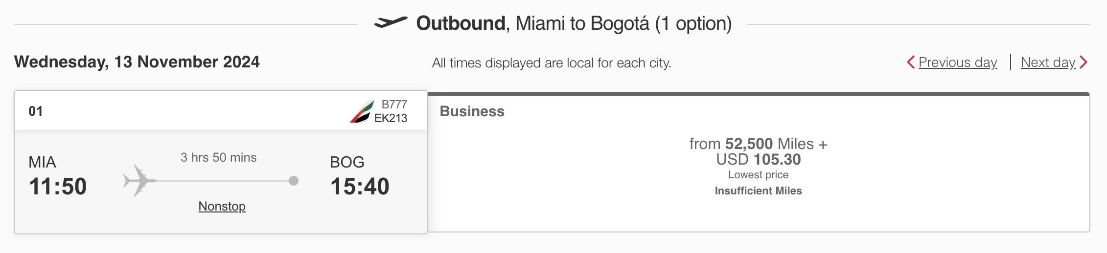 Emirates MIA BOG screenshot