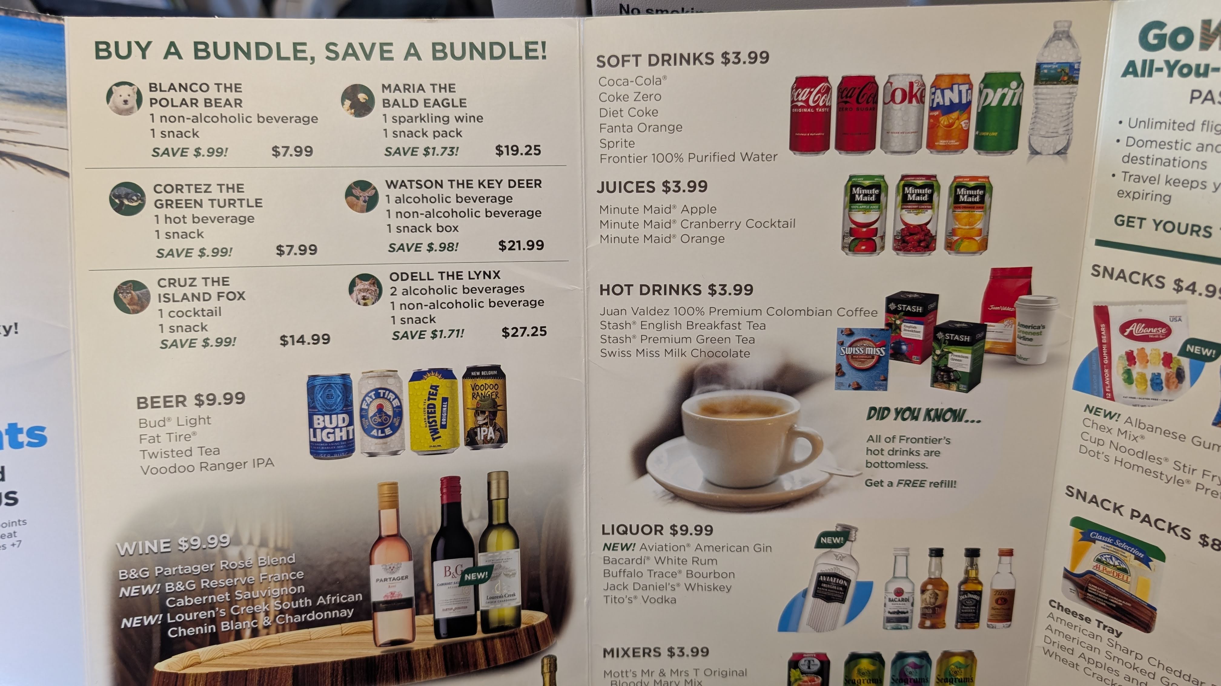 Frontier IAH to ONT inflight menu drinks Frontier IAH to ONT inflight menu drinks