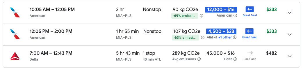 Google Flights Cash vs Miles cost Google Flights Cash vs Miles cost