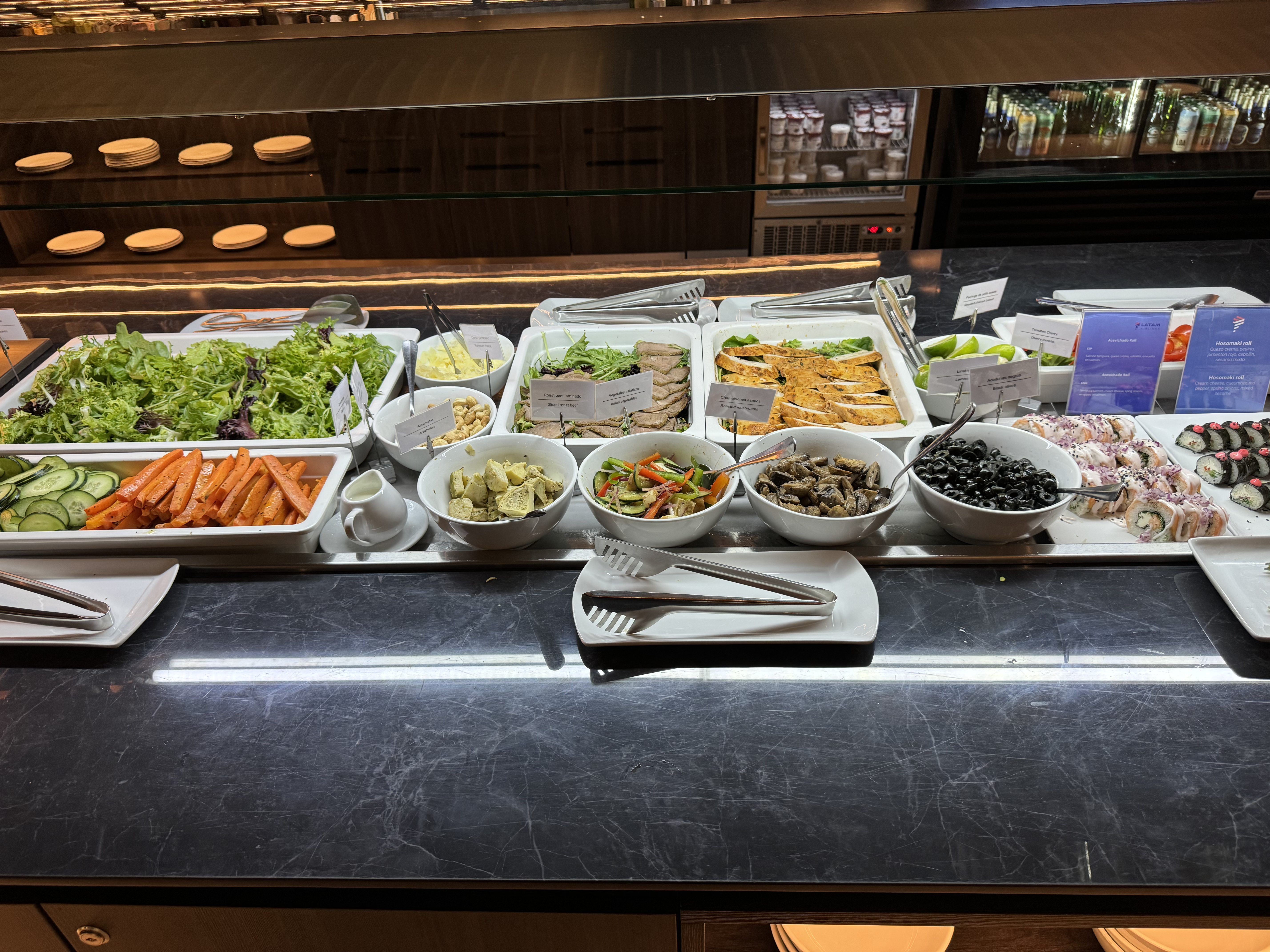 LATAM Lounge Santiago SCL food court sushi salad bar