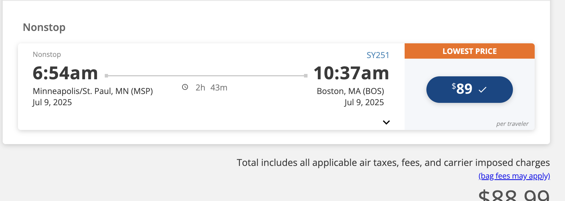 MSP BOS Sun Country MSP BOS flight price