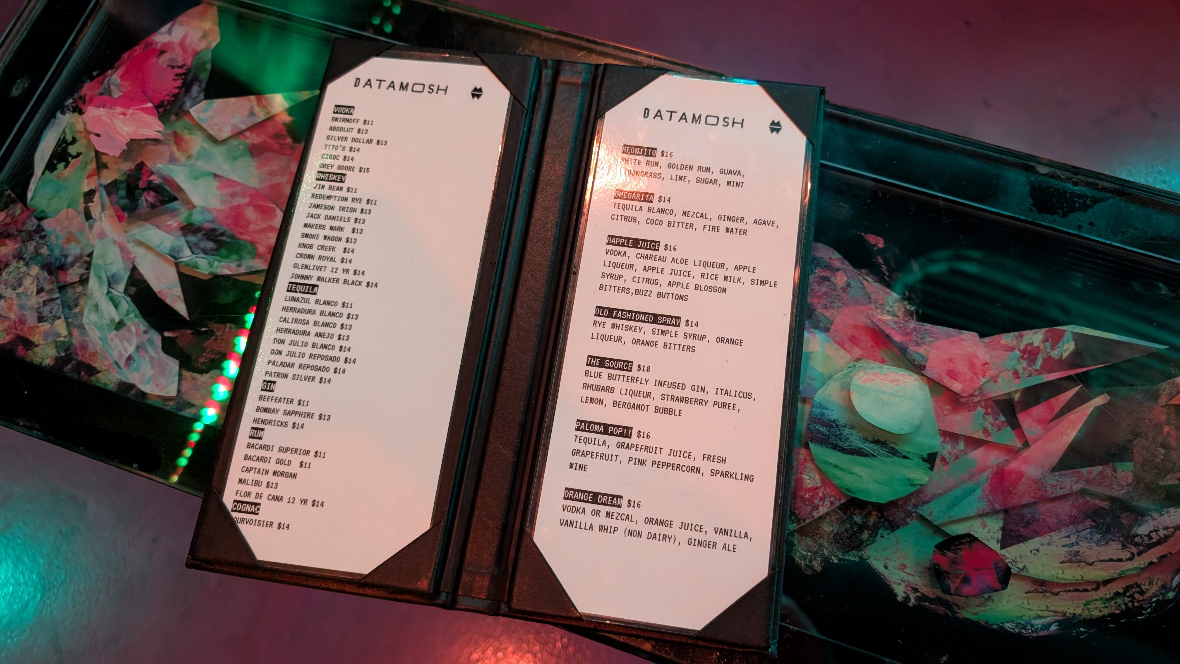 Meow Wolf Las Vegas Omega Mart Datamosh bar menu spirits and cocktails Meow Wolf Las Vegas Omega Mart Datamosh bar menu spirits and cocktails