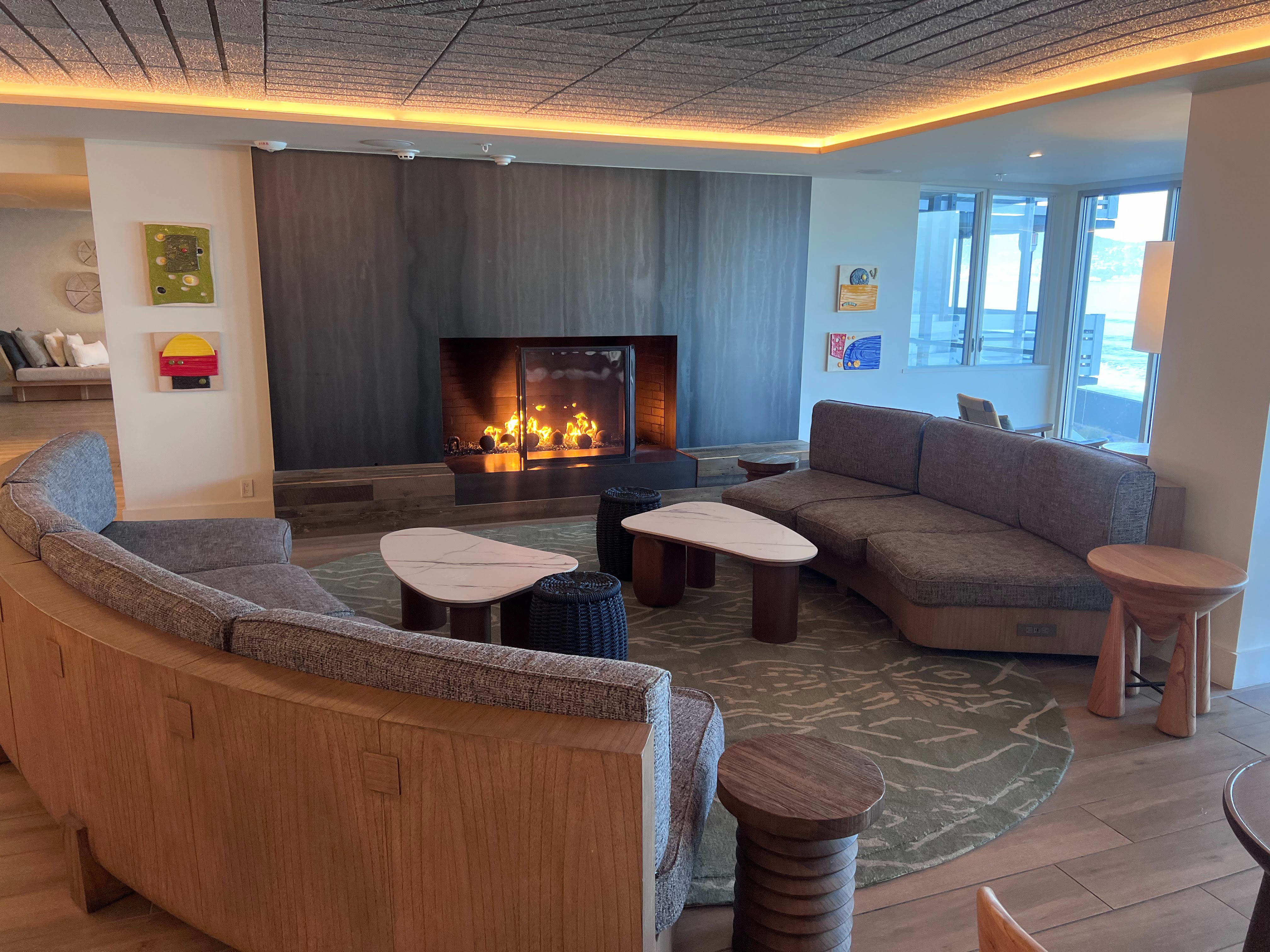 Monterey Beach hotel lobby fireplace and couches Monterey Beach hotel lobby fireplace and couches