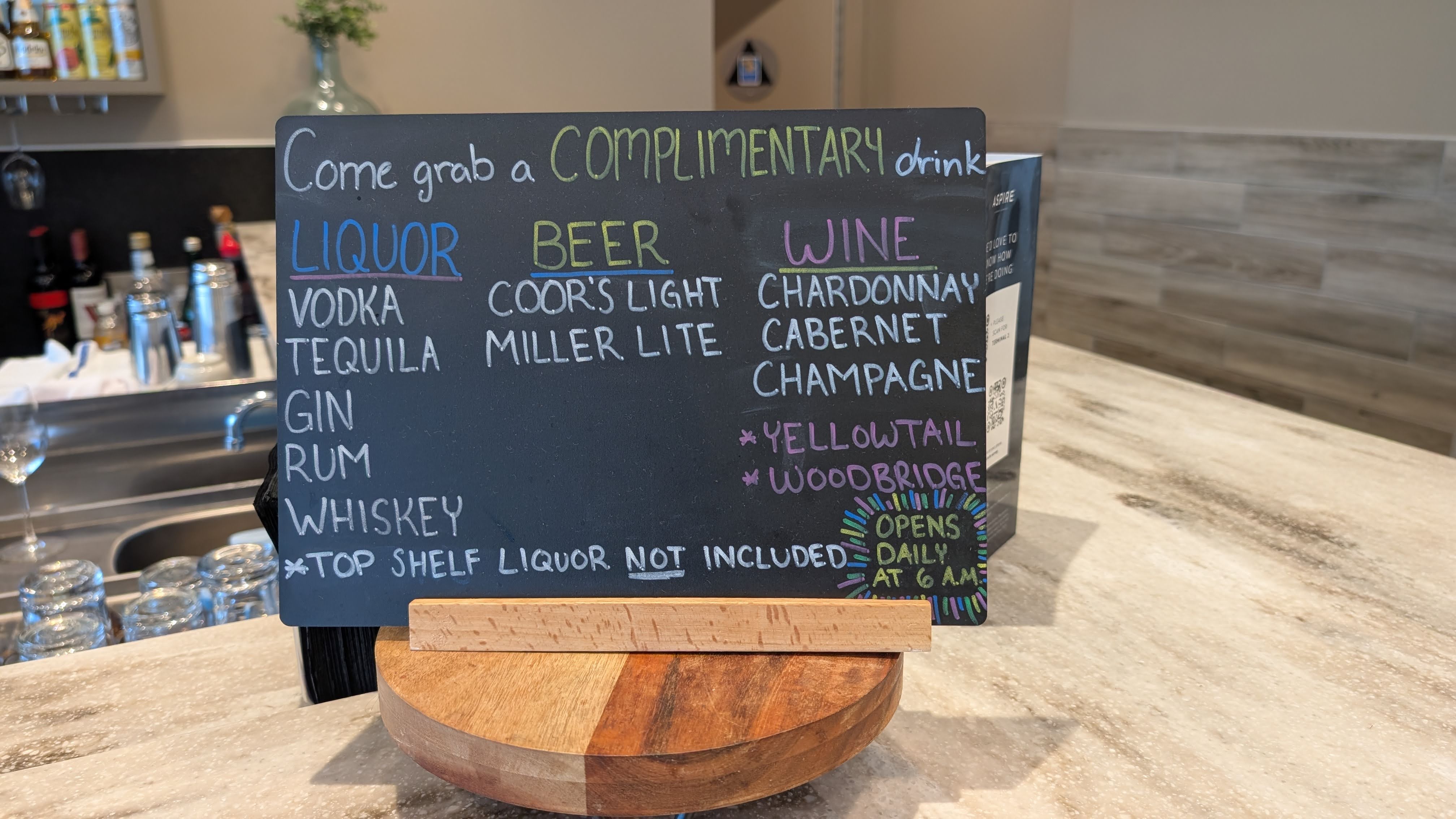 ONT Terminal 2 Aspire Lounge food and beverage bar menu ONT Terminal 2 Aspire Lounge food and beverage bar menu