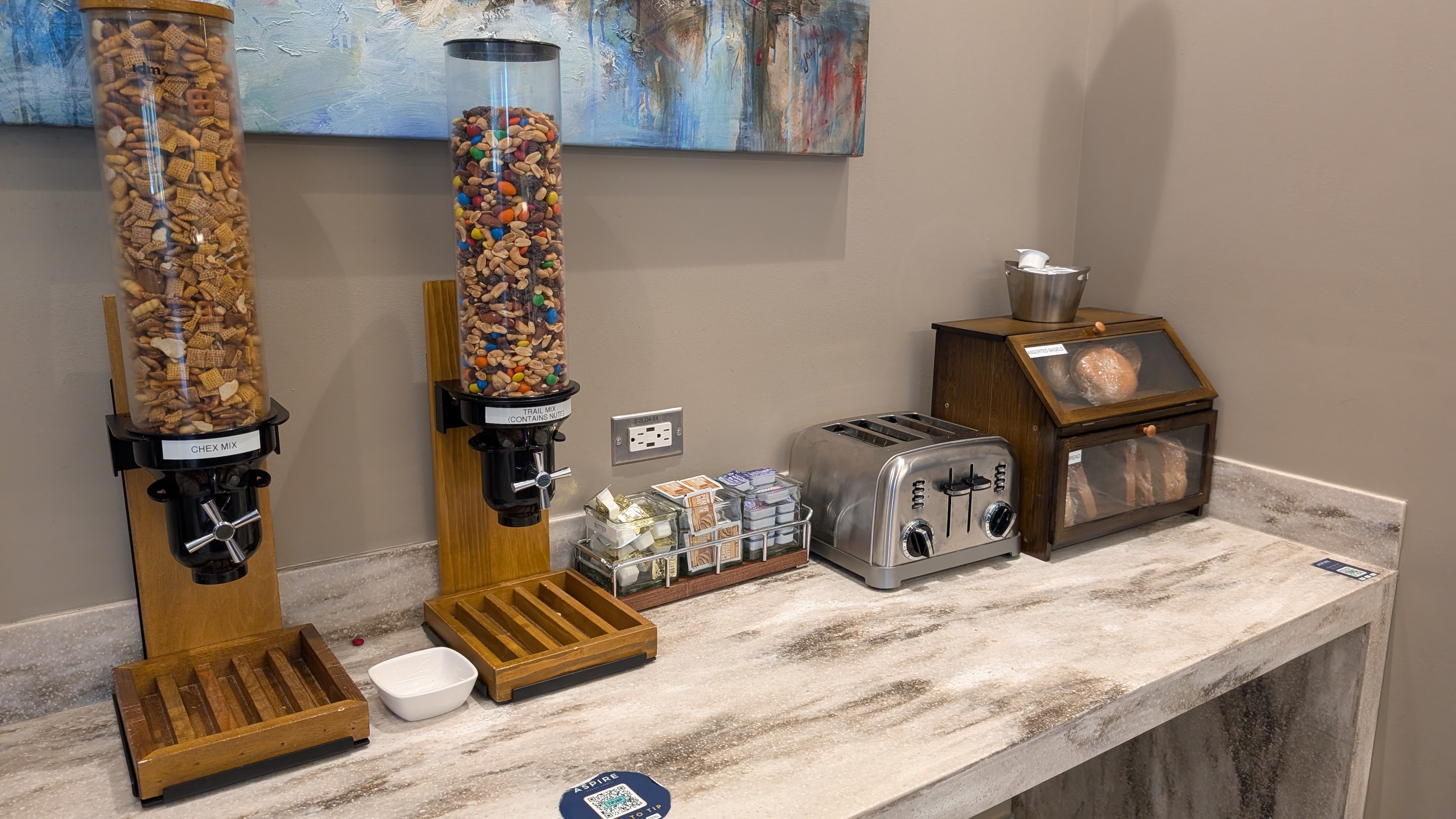 ONT Terminal 2 Aspire Lounge food and beverage trail mix and toaster ONT Terminal 2 Aspire Lounge food and beverage trail mix and toaster