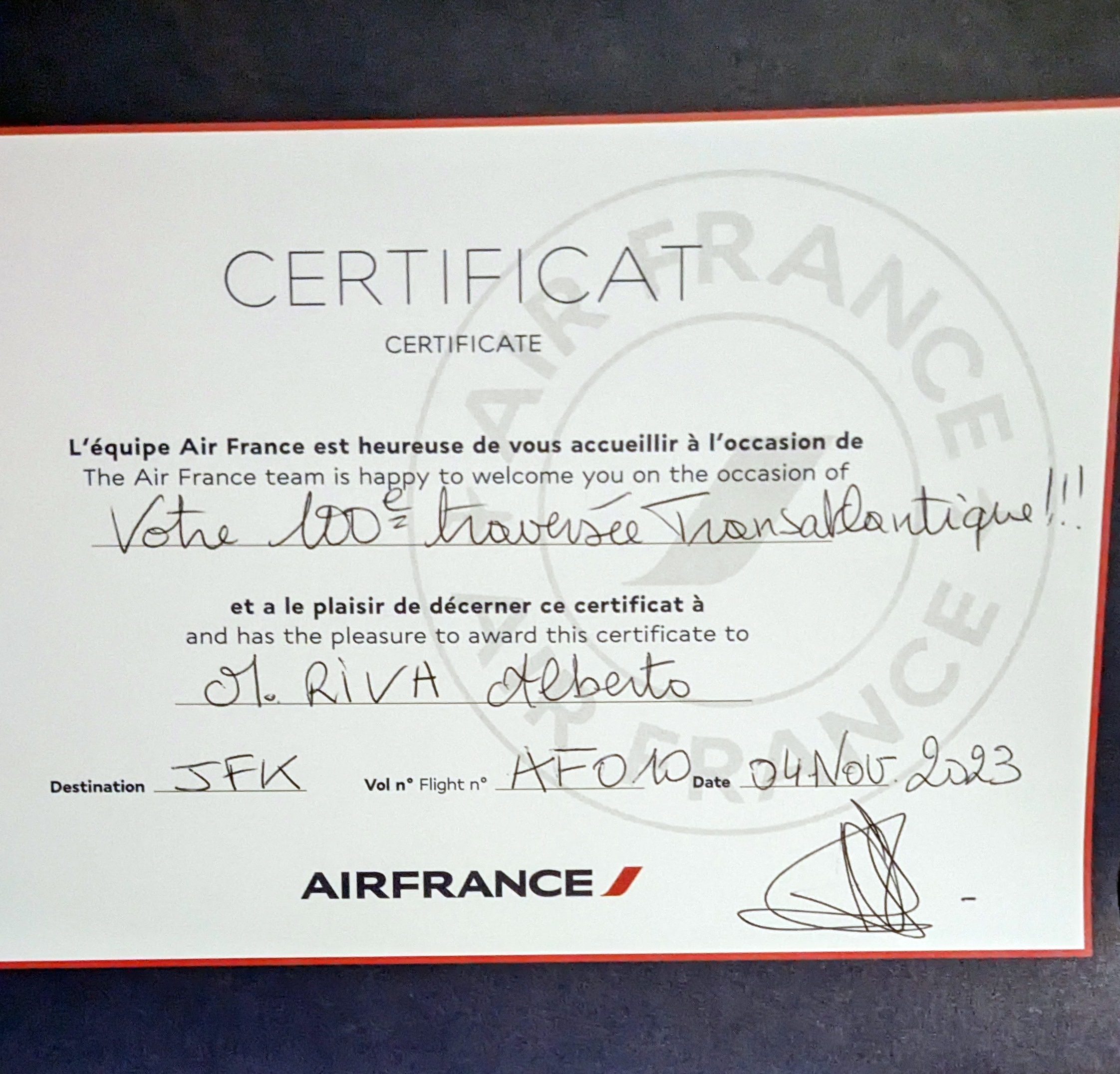 Air France 100th Atlantic crossing certificate Air France 100th Atlantic crossing certificate