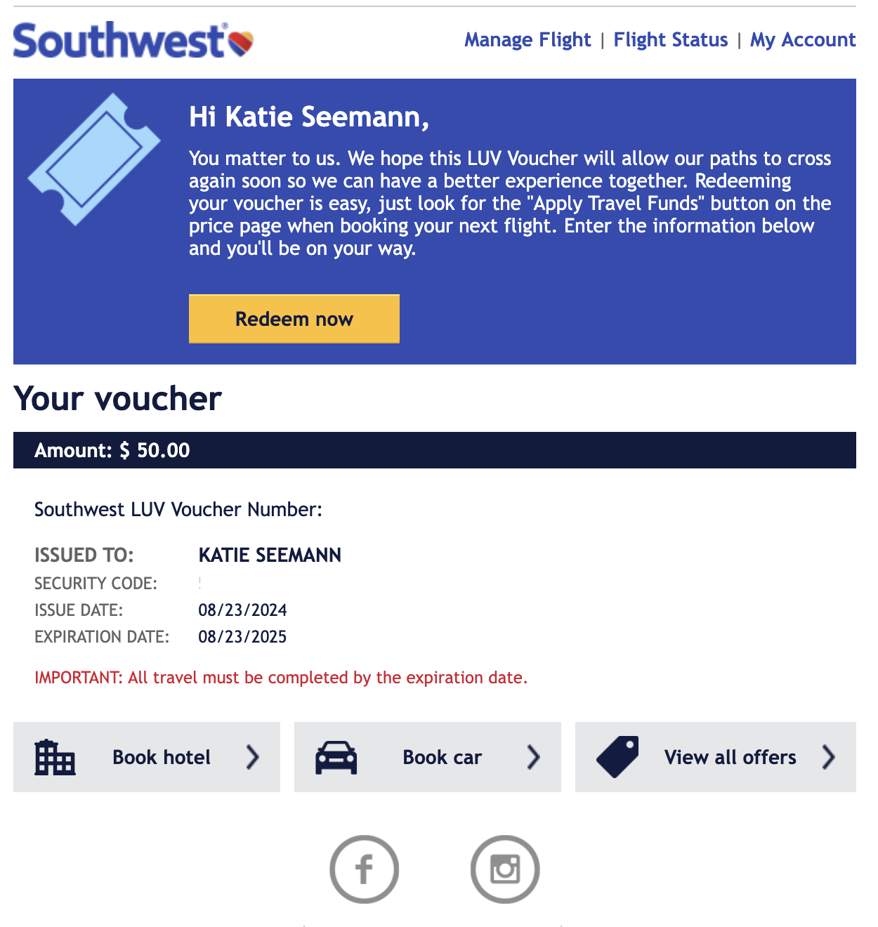 Southwest LUV Voucher email Southwest LUV Voucher email