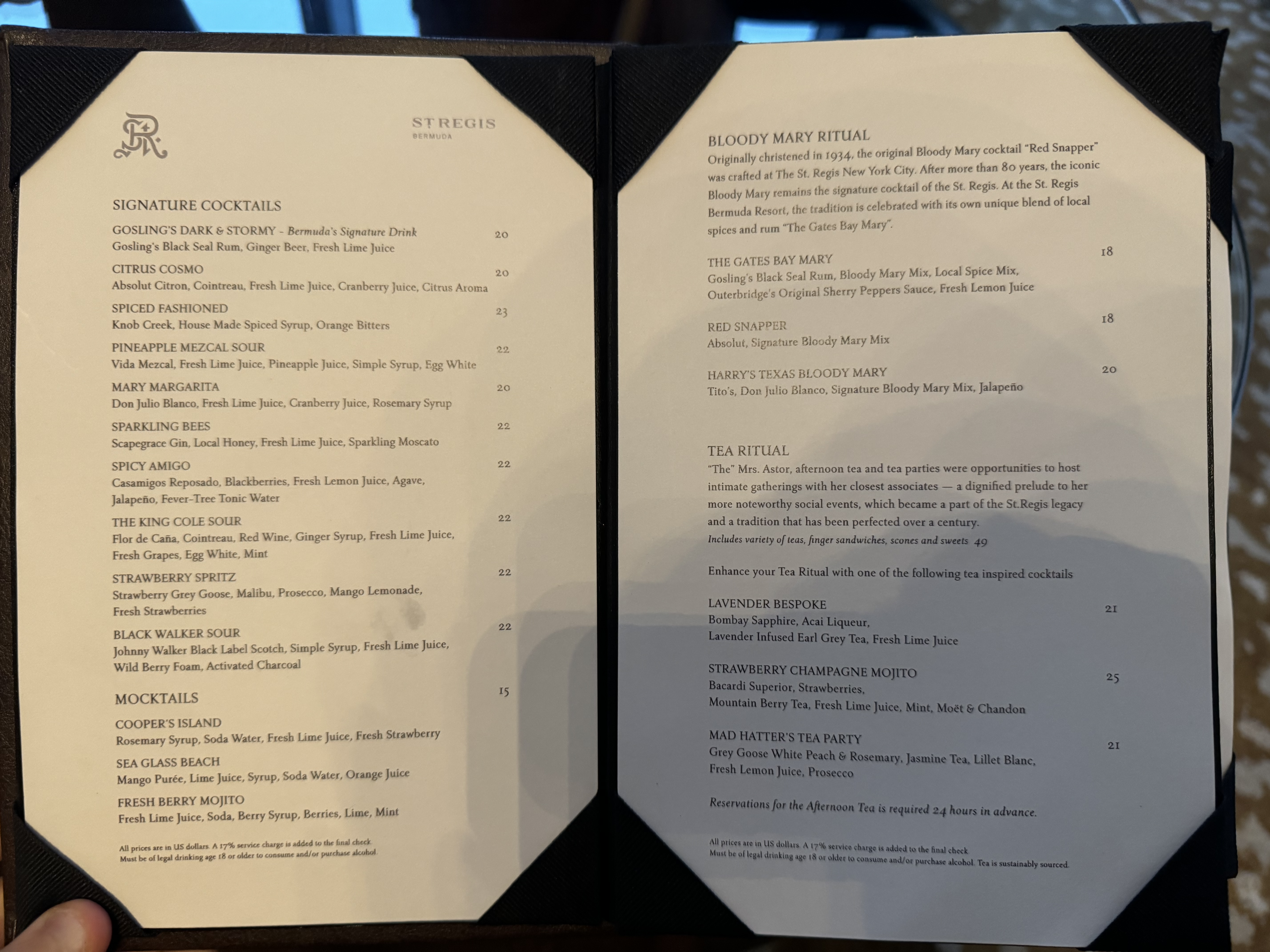 St Regis Bermuda St Regis Bar cocktail menu