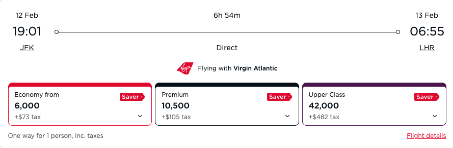 Virgin Atlantic Saver pricing Virgin Atlantic Saver pricing JFK-LHR