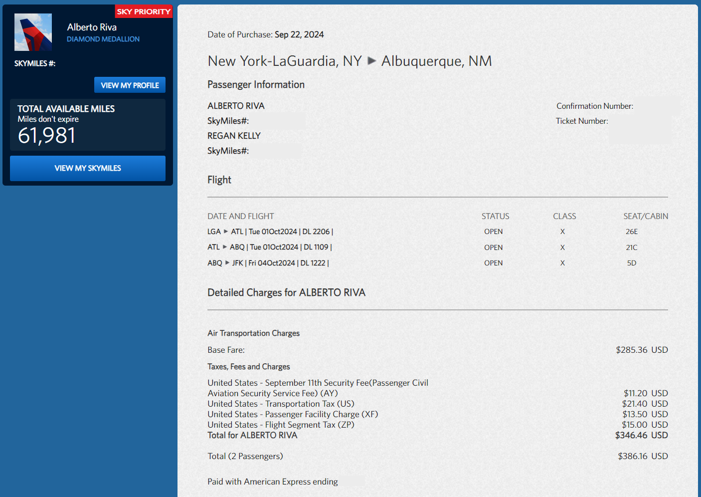 American Express Delta Reserve card companion ticket receipt American Express Delta Reserve card companion ticket receipt