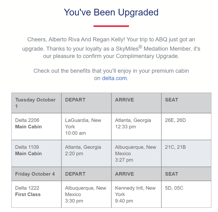 Screen cap of upgrade notice on Delta Air Lines Screen cap of upgrade notice on Delta Air Lines