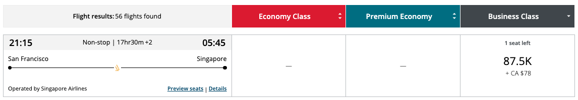 Aeroplan award Singapore Airlines SFO SIN Aeroplan award Singapore Airlines SFO SIN