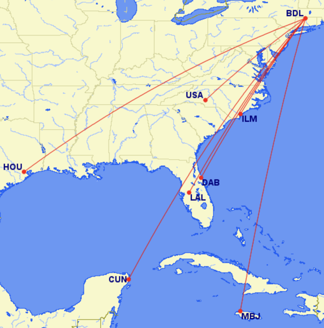 Avelo Route Map from Hartford BDL Avelo Route Map from Hartford BDL
