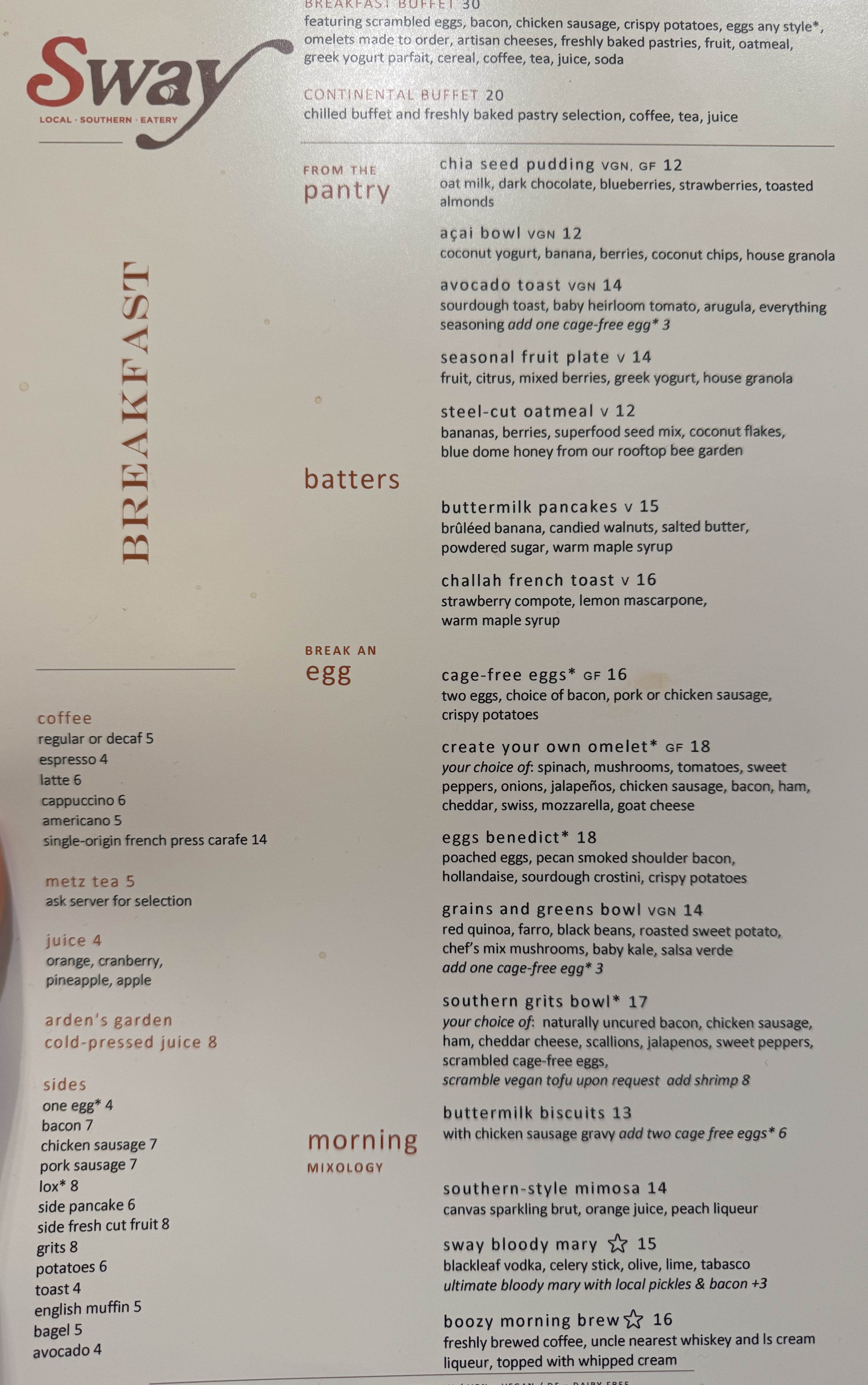 Hyatt Regency Atlanta Sway breakfast menu Hyatt Regency Atlanta Sway breakfast menu