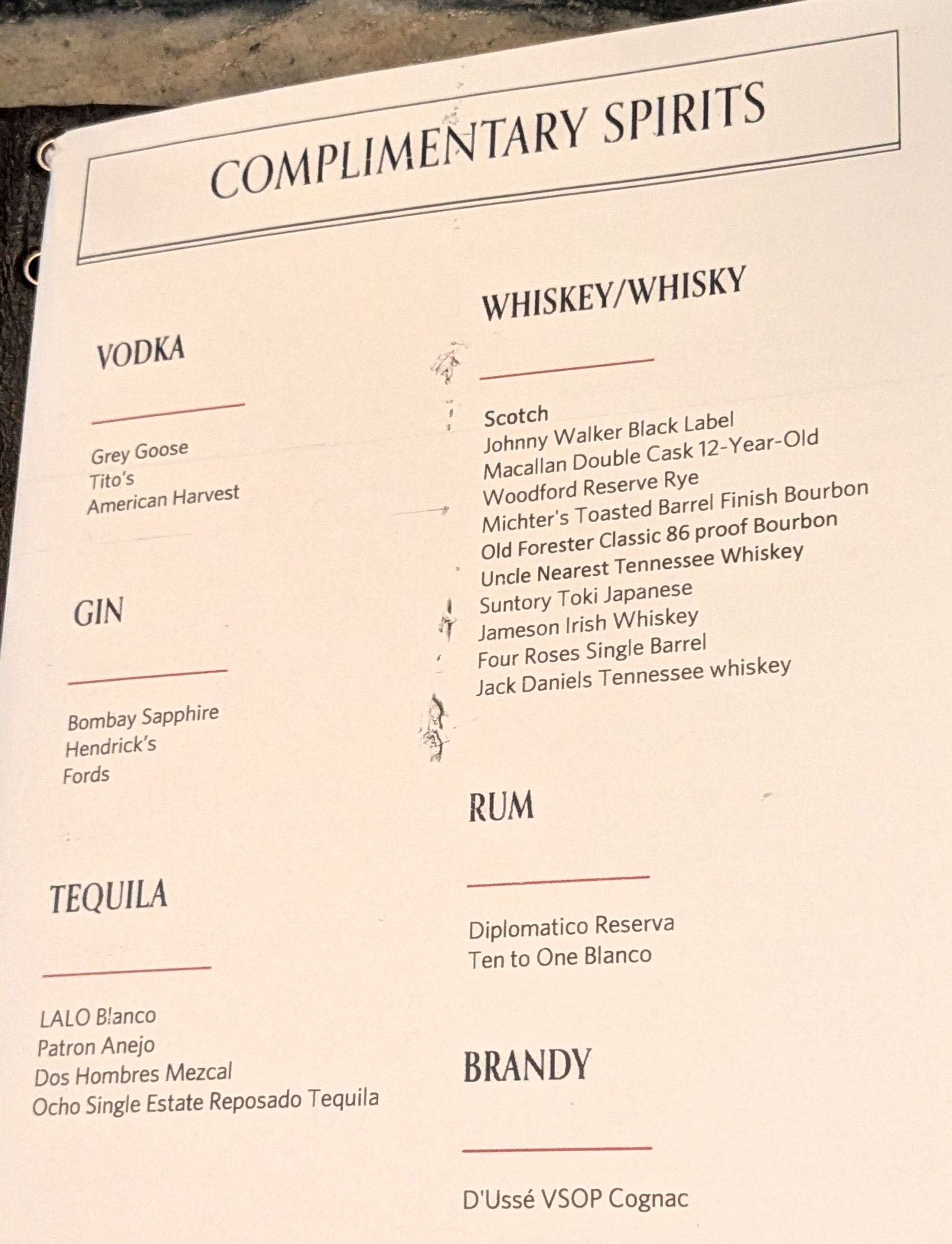 JFK Delta One Lounge Bar Menu