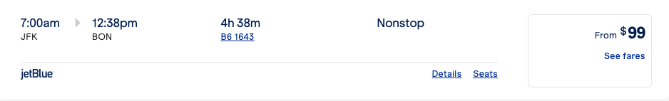 Jetblue JFK Bonaire $99 fare example