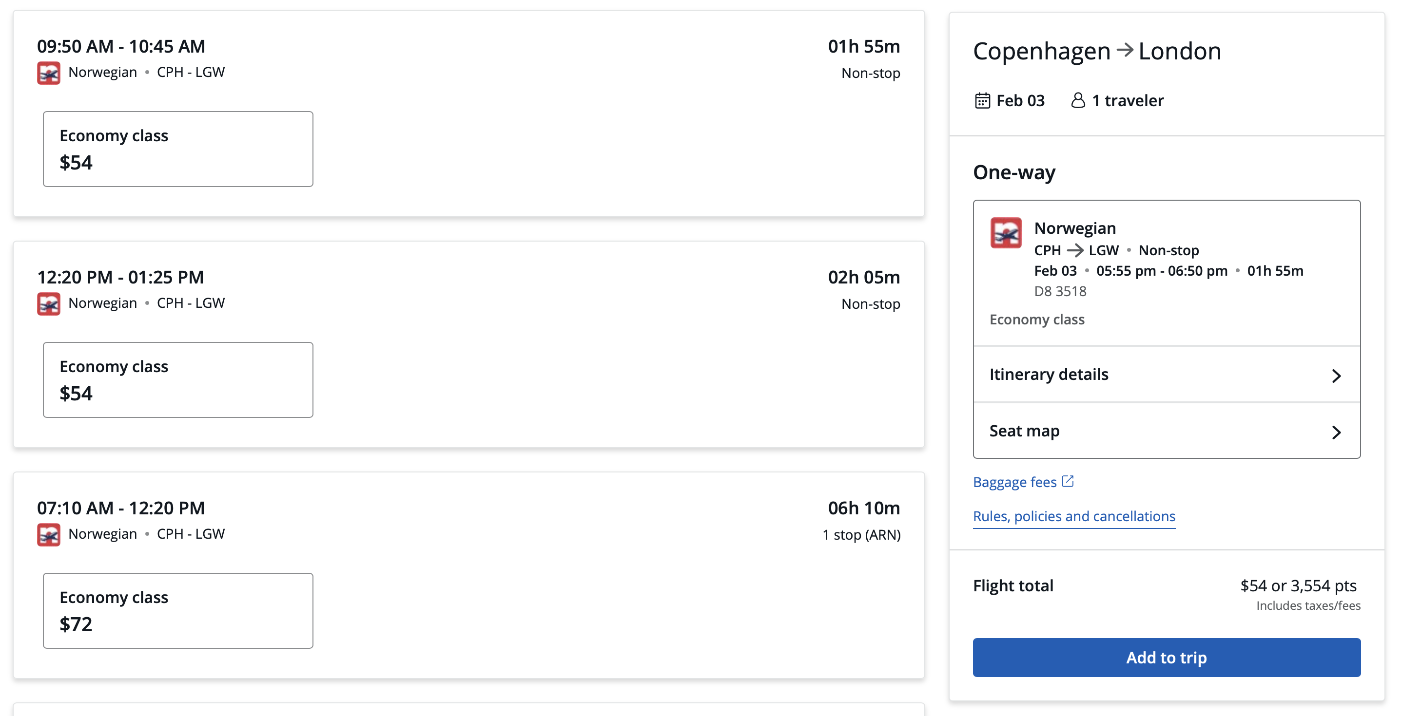 Norwegian Airlines Flight from Copehnagen to London on Chase Travel