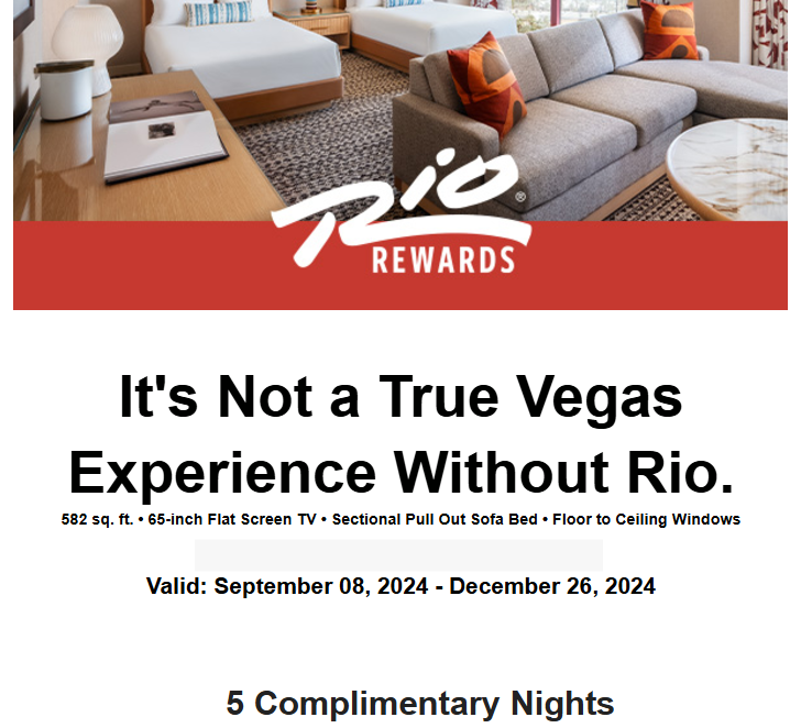 Rio Rewards 5 complimentary suite nights Rio Rewards 5 complimentary suite nights
