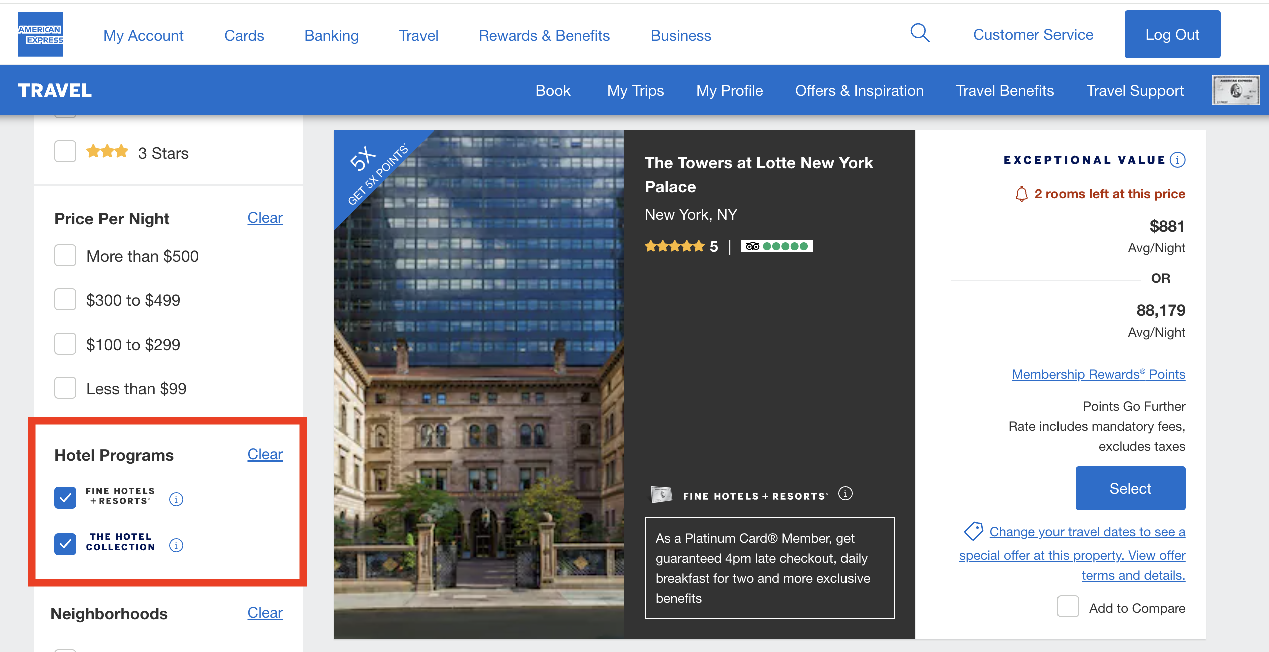 Search for Amex Fine Hotels Resorts and Hotel Collection