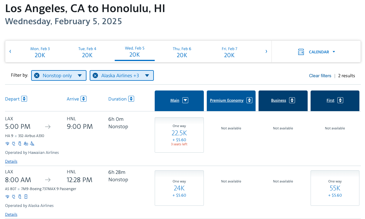 AAdvantage redemption Hawaiian Airlines LAX HNL Feb 2025 AAdvantage redemption Hawaiian Airlines LAX HNL Feb 2025