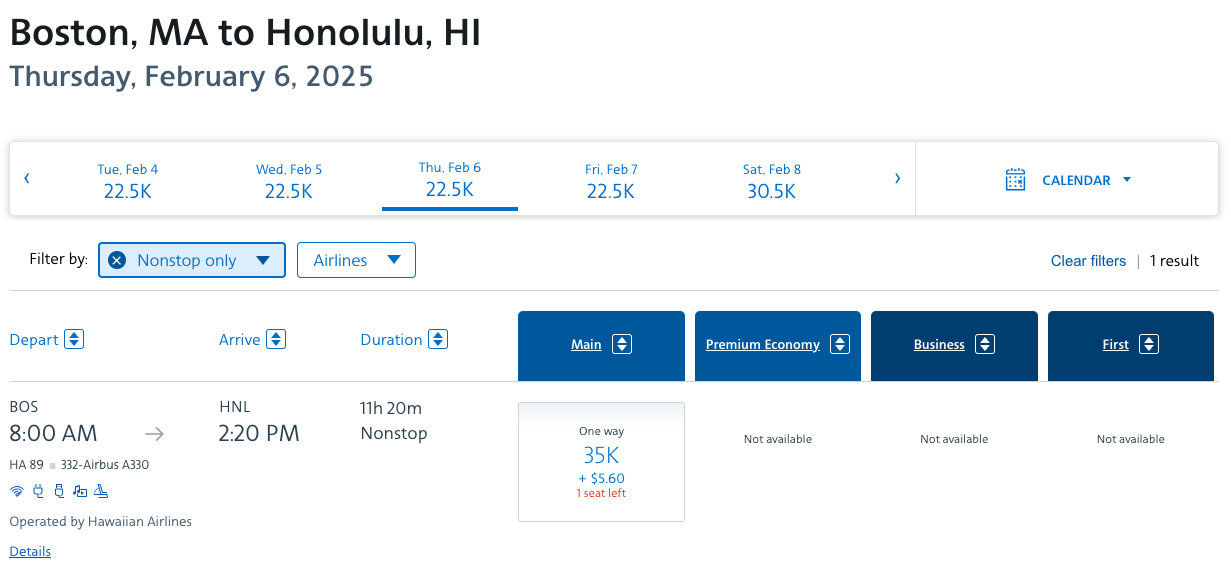 AAdvantage redemption Hawaiian Airlinse BOS HNL Feb 2025 AAdvantage redemption Hawaiian Airlinse BOS HNL Feb 2025