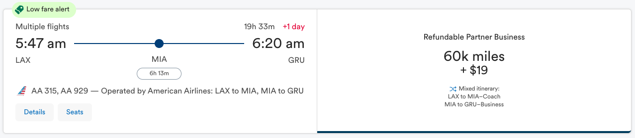 Alaska award redemption LAX MIA GRU business with AA