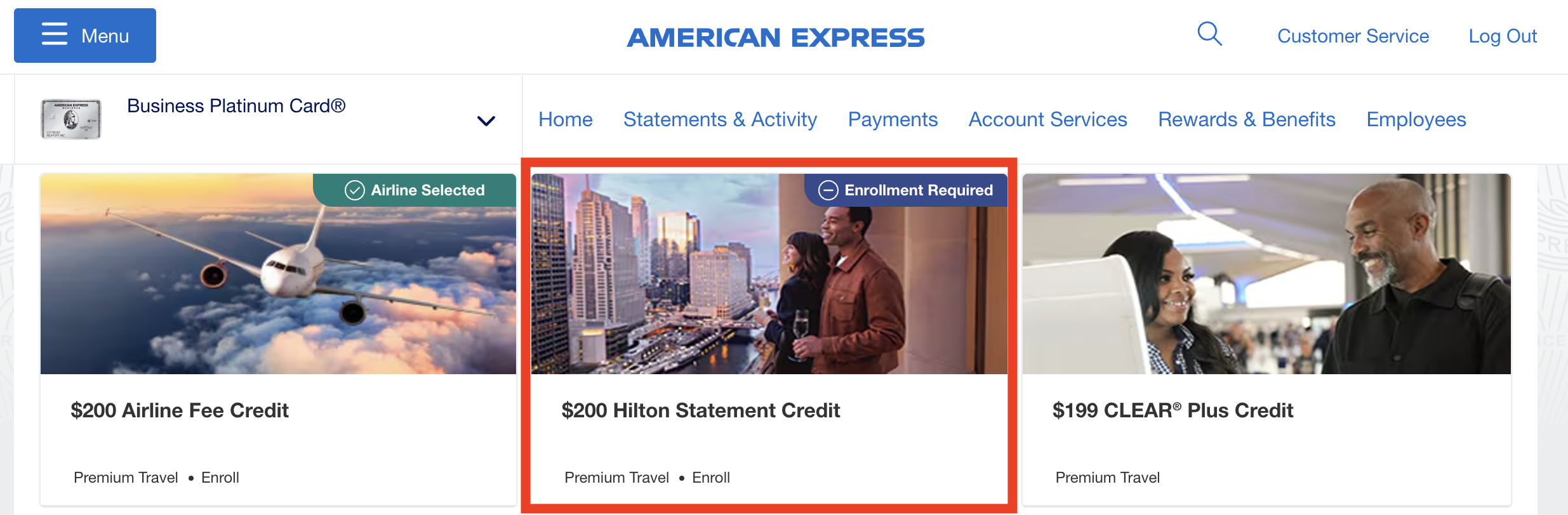 Amex Business Platinum card Hilton statement credit Amex Business Platinum card Hilton statement credit