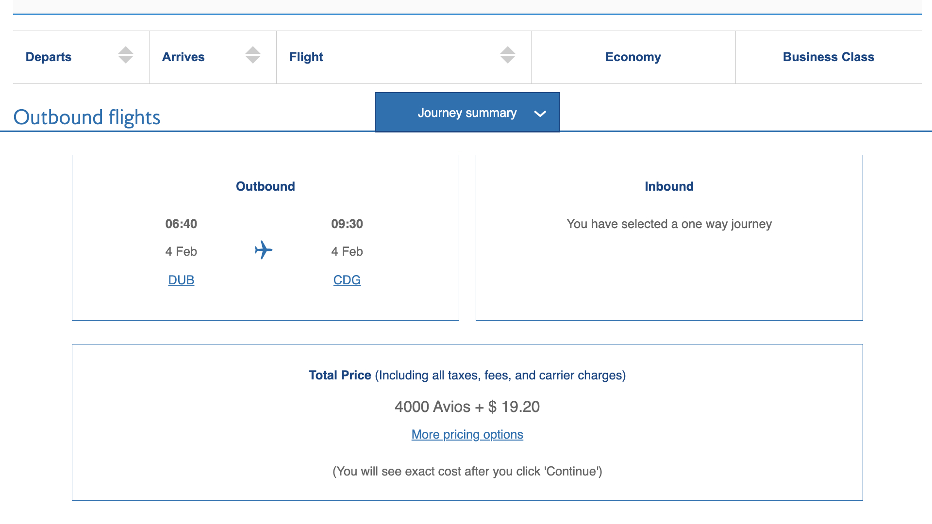 British Airways award flight Dublin to Paris on Aer Lingus