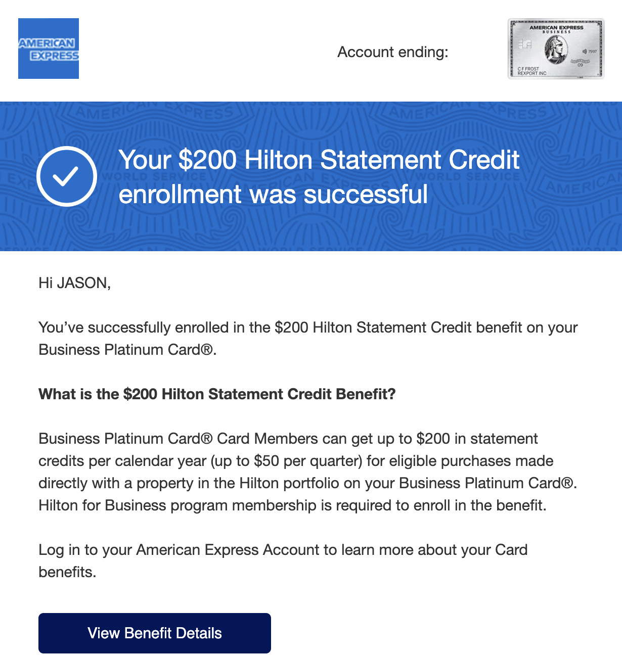 Confirmation email for Hilton benefit on the Amex Business Platinum card Confirmation email for Hilton benefit on the Amex Business Platinum card