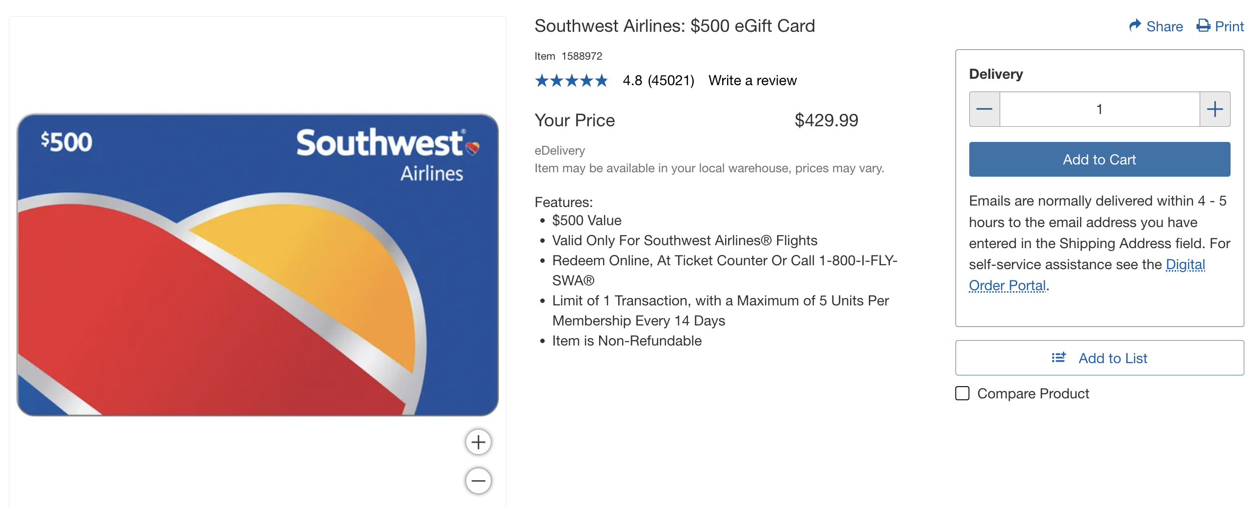 Costco Southwest gift card December 2024 Costco Southwest gift card December 2024