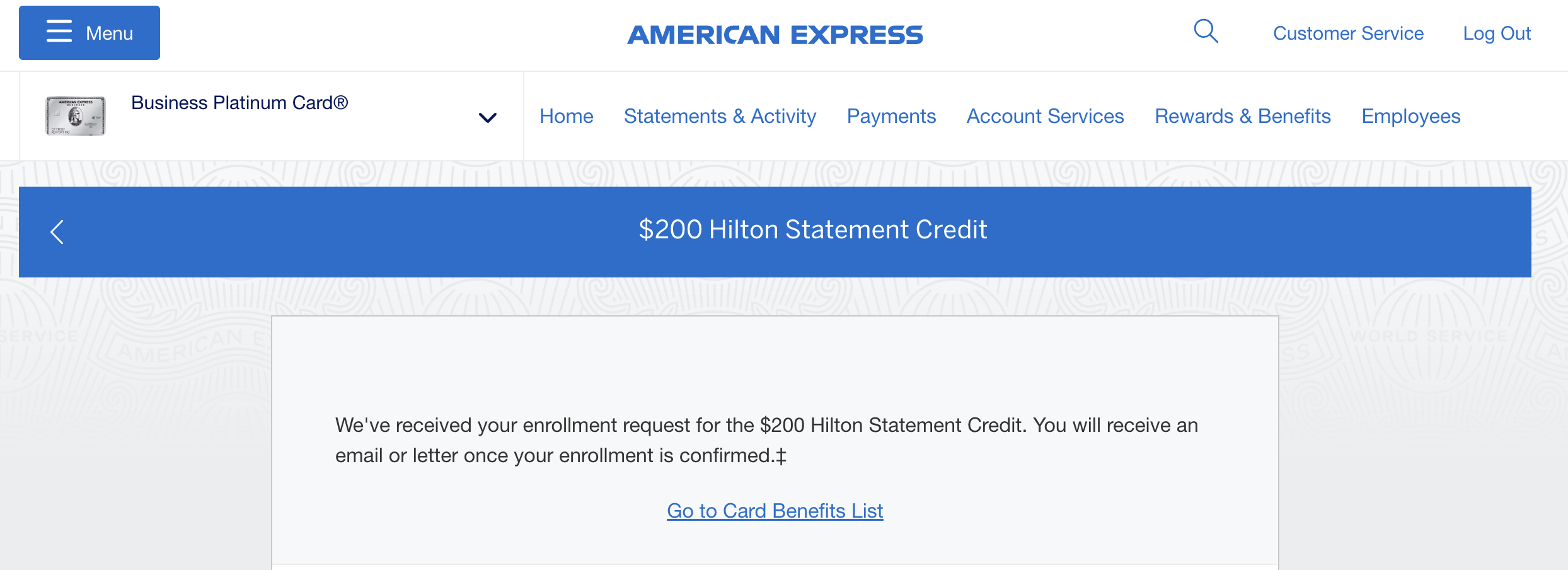 Final step of enrollment for Amex Business Platinum Hilton credit Final step of enrollment for Amex Business Platinum Hilton credit