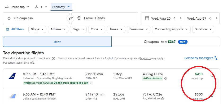 Google Flights Faroe Islands