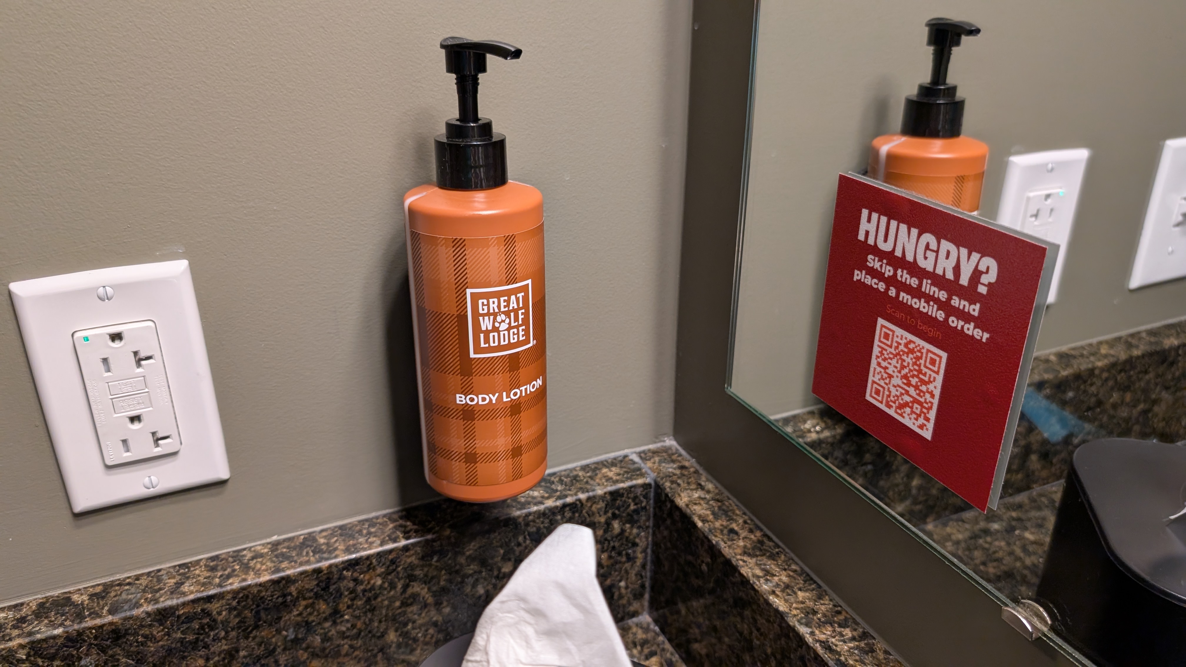Great Wolf Lodge Webster guestroom lotion and menu QR Great Wolf Lodge Webster guestroom lotion and menu QR