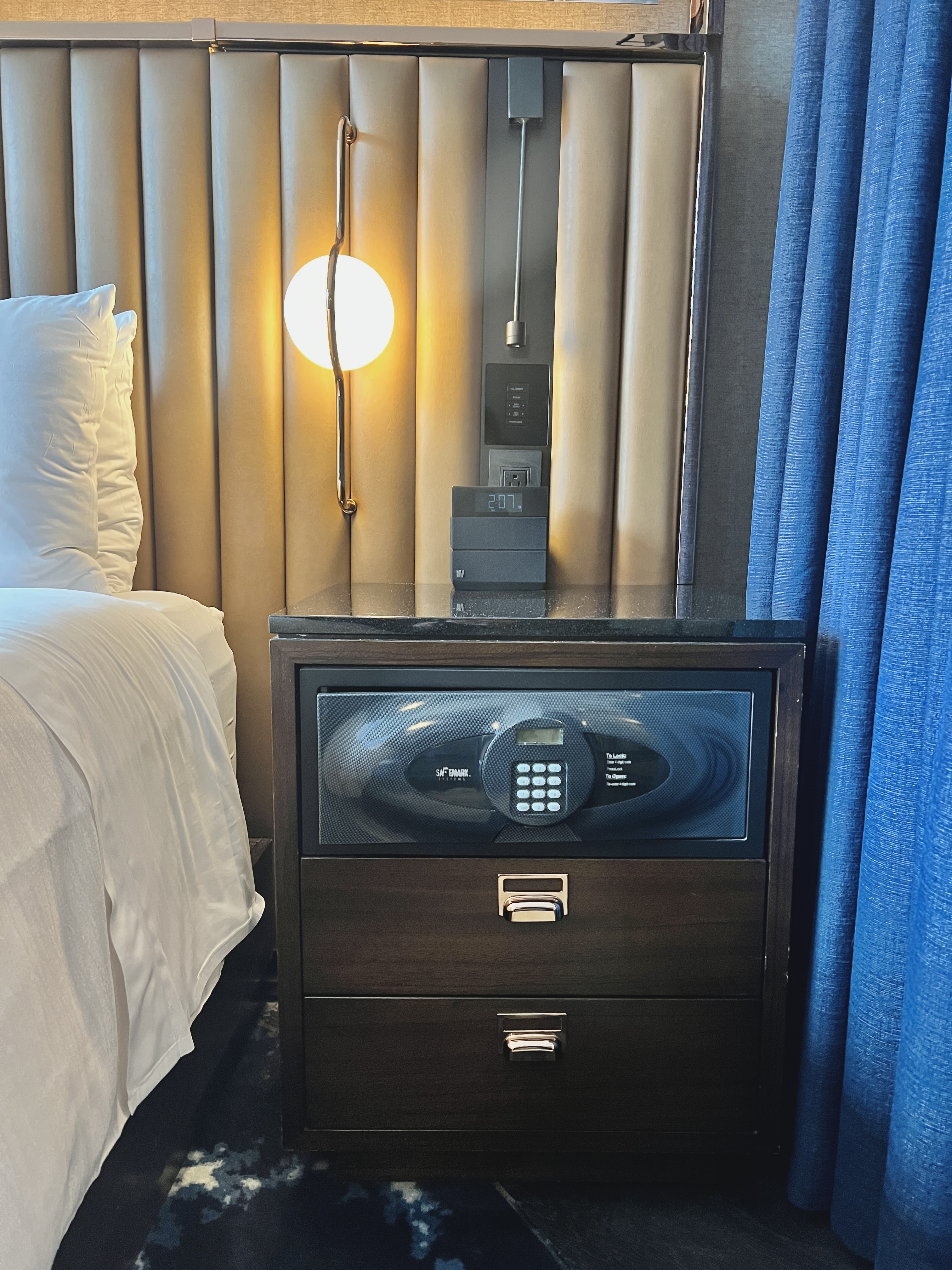 Hotel EMC2 Autograph Collection side table and safe Hotel EMC2 Autograph Collection side table and safe