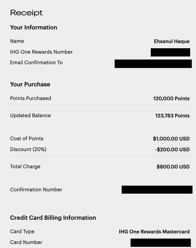 IHG status purchase points confirmation IHG status purchase points confirmation