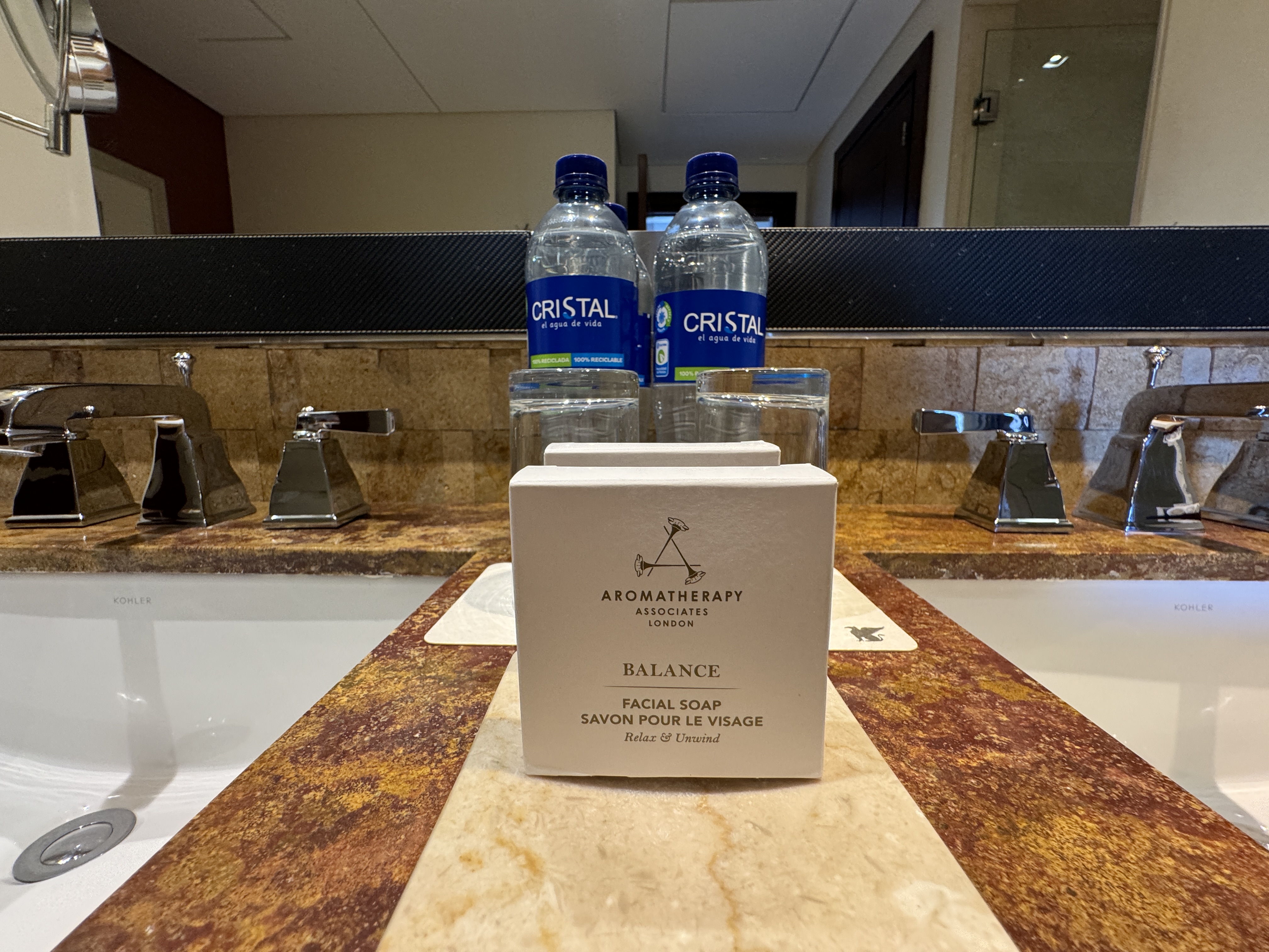 JW Marriott Bogota bathroom toiletries and water bottles JW Marriott Bogota bathroom toiletries and water bottles