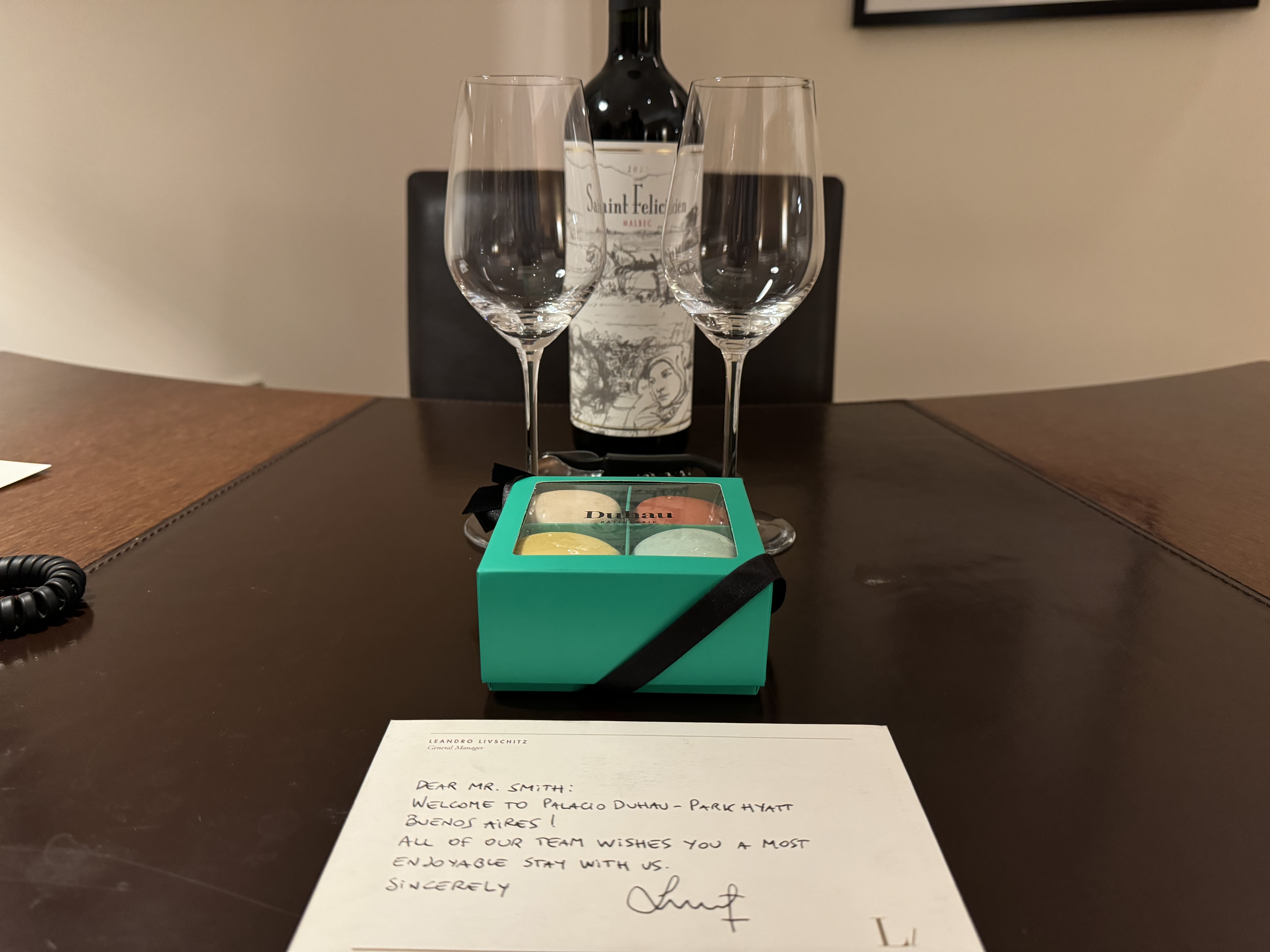 Palacio Duhau Park Hyatt Buenos Aires welcome gift on desk Palacio Duhau Park Hyatt Buenos Aires welcome gift on desk