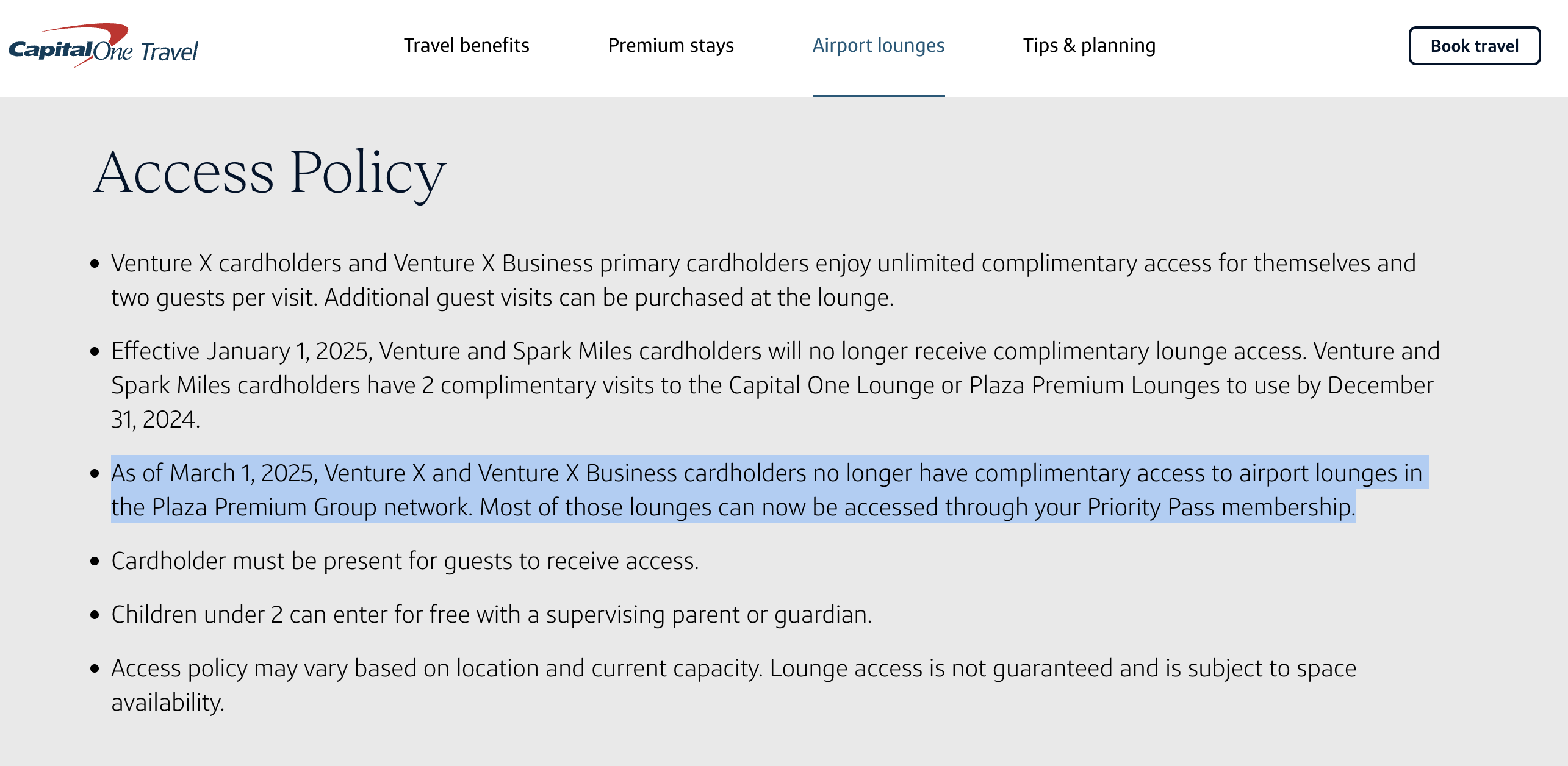 Plaza Premium Access Requirements on Capital Ones website