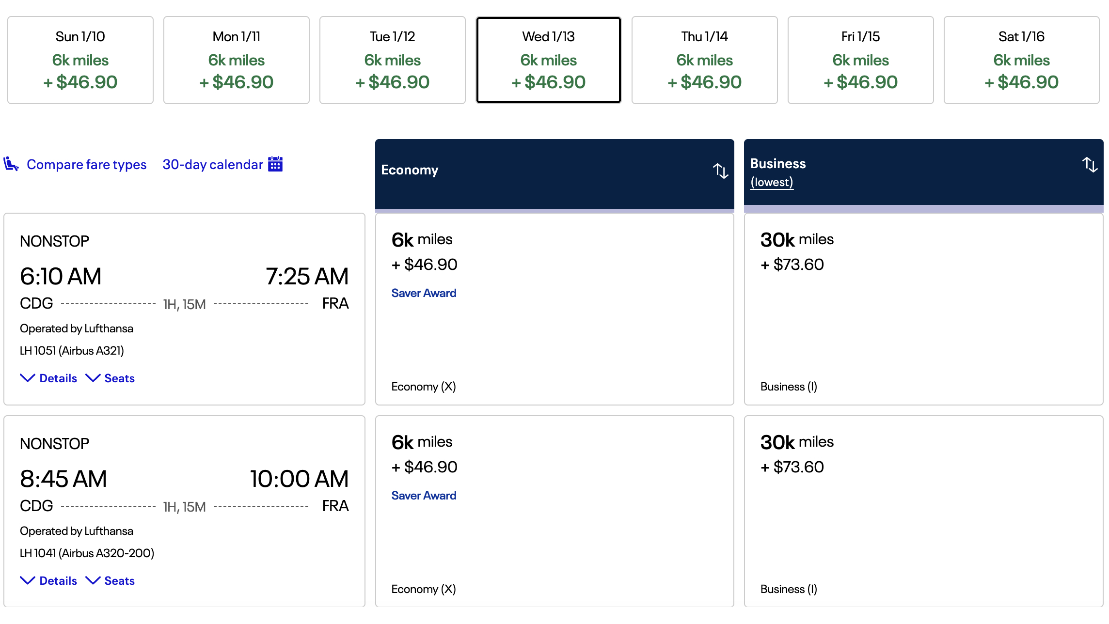United award flight Paris to Frankfurt on Lufthansa