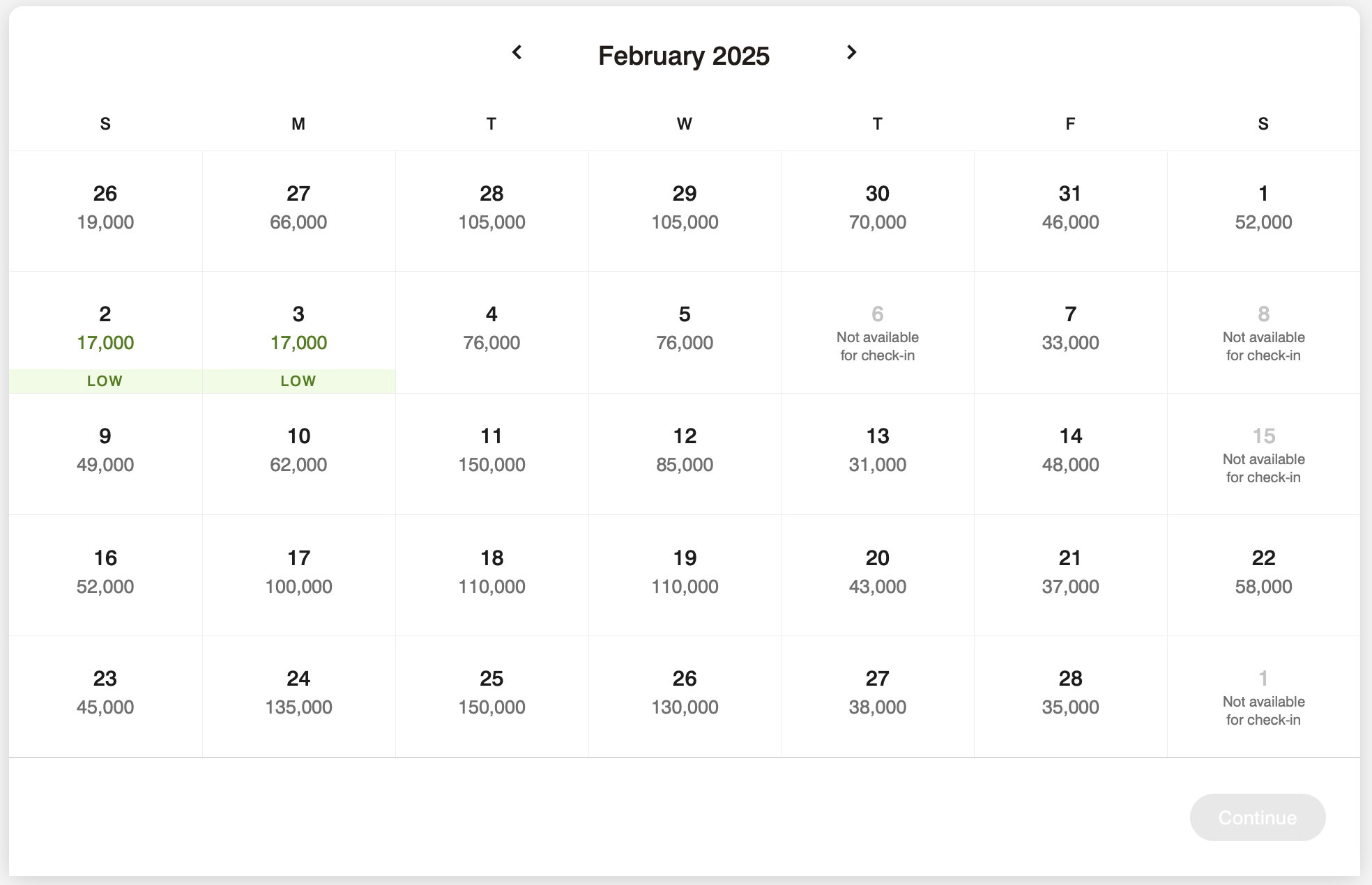 W Las Vegas award pricing calendar in February 2025