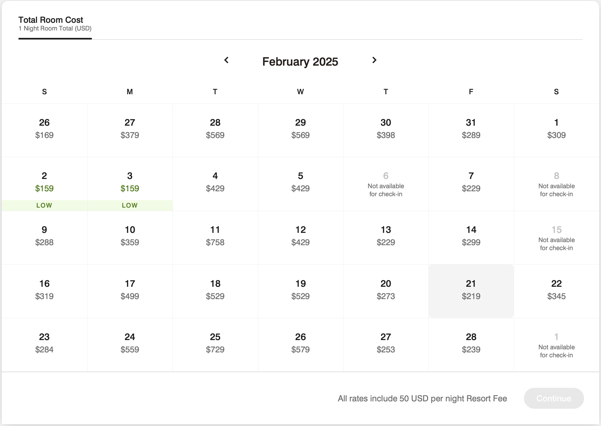W Las Vegas pricing calendar in February 2025
