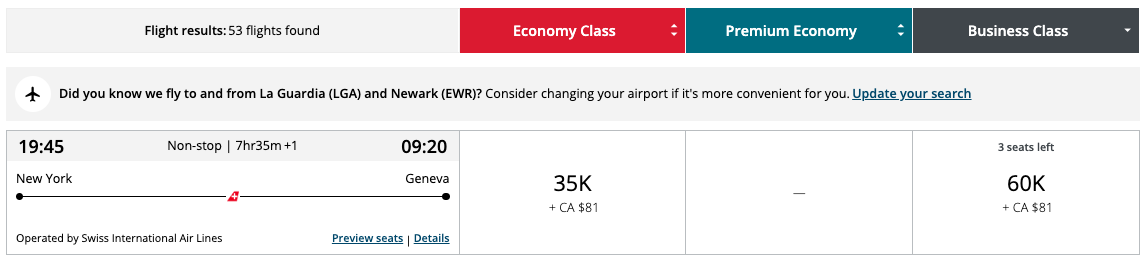 Aeroplan award SWISS JFK GVA Aeroplan award SWISS JFK GVA