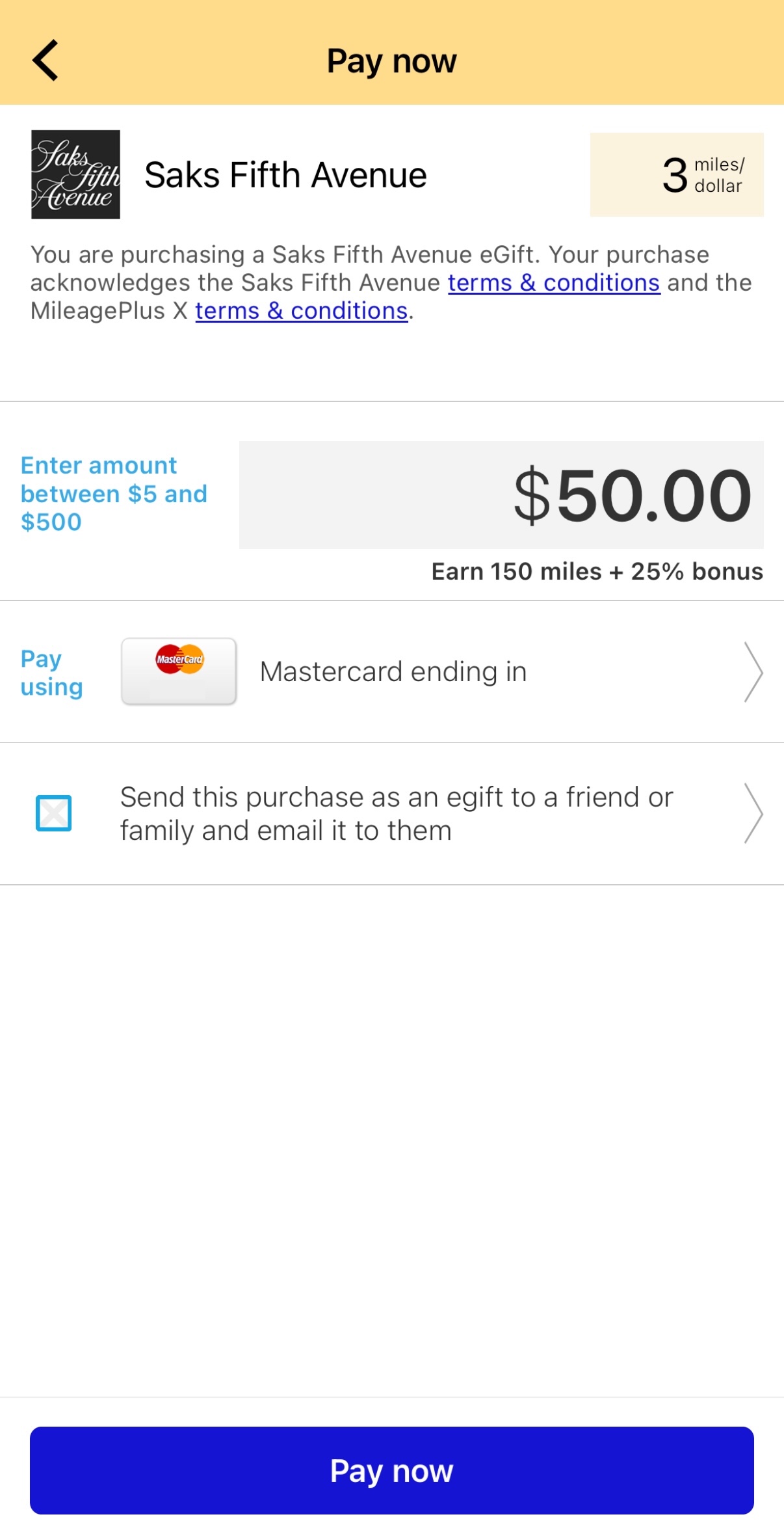 Buying a Saks Fifth Avenue Gift Card in MileagePlus X 1 Buying a Saks Gift Card in MileagePlus X